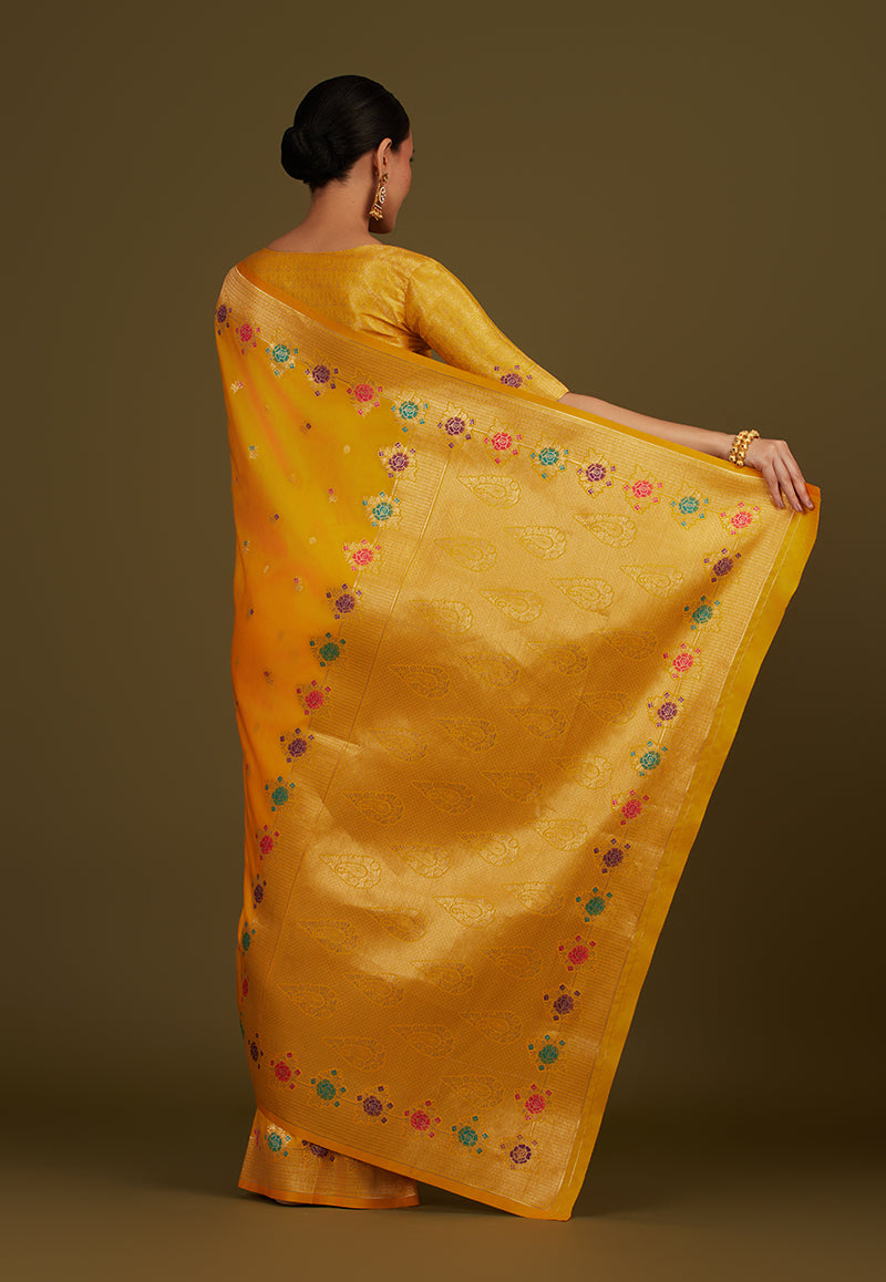 Monjolika Fashion Yellow Banarasi Silk Blend SareeWith Zari Woven Detailing | Swadesiicart