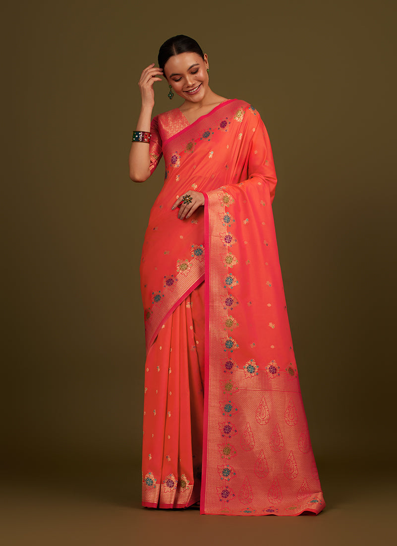 Monjolika Fashion Dark Peach Banarasi Silk Blend SareeWith Zari Woven Detailing | Swadesiicart