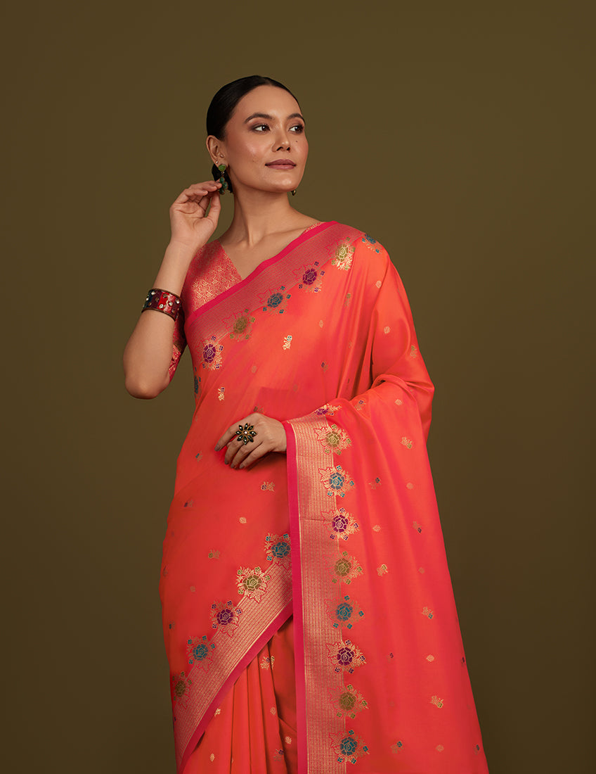 Monjolika Fashion Dark Peach Banarasi Silk Blend SareeWith Zari Woven Detailing | Swadesiicart