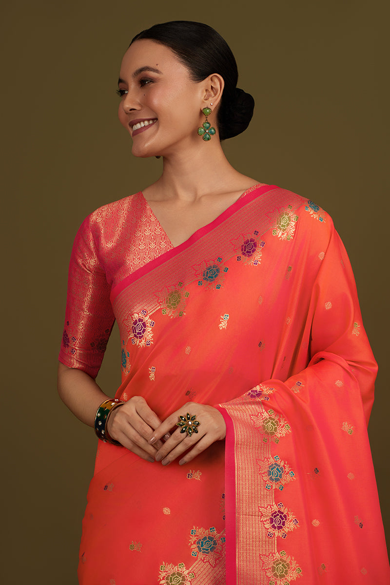 Monjolika Fashion Dark Peach Banarasi Silk Blend SareeWith Zari Woven Detailing | Swadesiicart
