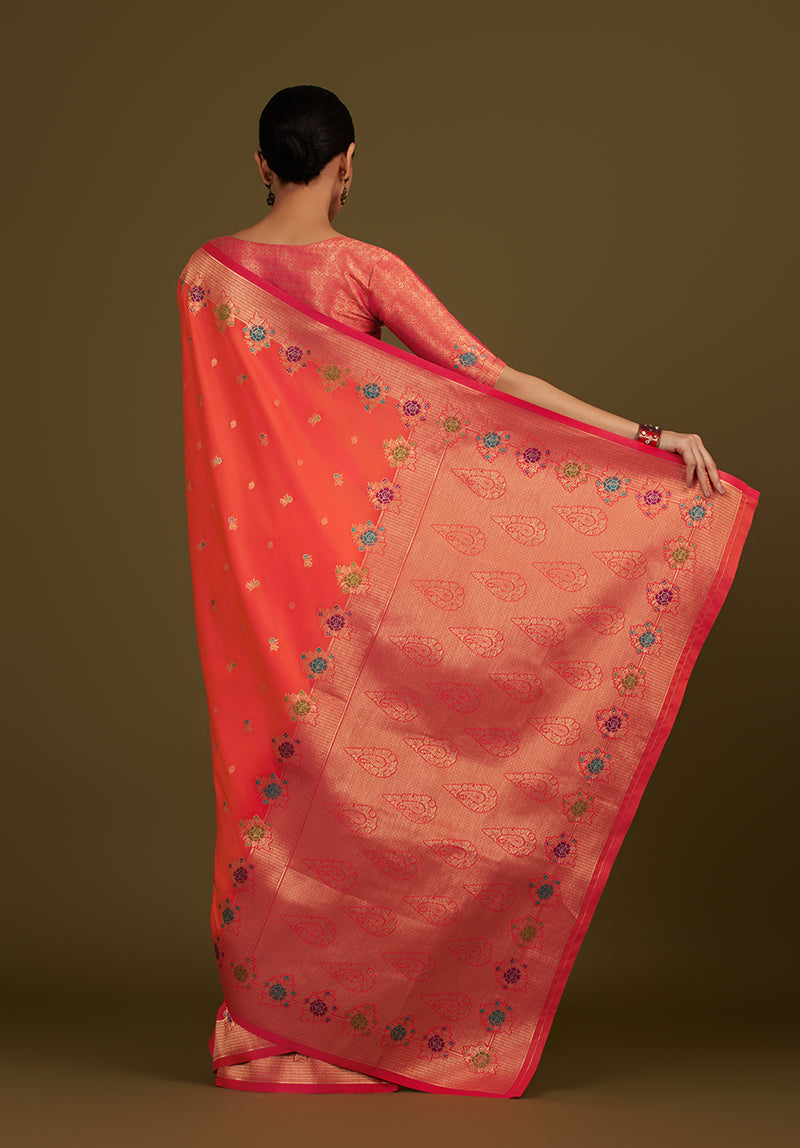 Monjolika Fashion Dark Peach Banarasi Silk Blend SareeWith Zari Woven Detailing | Swadesiicart