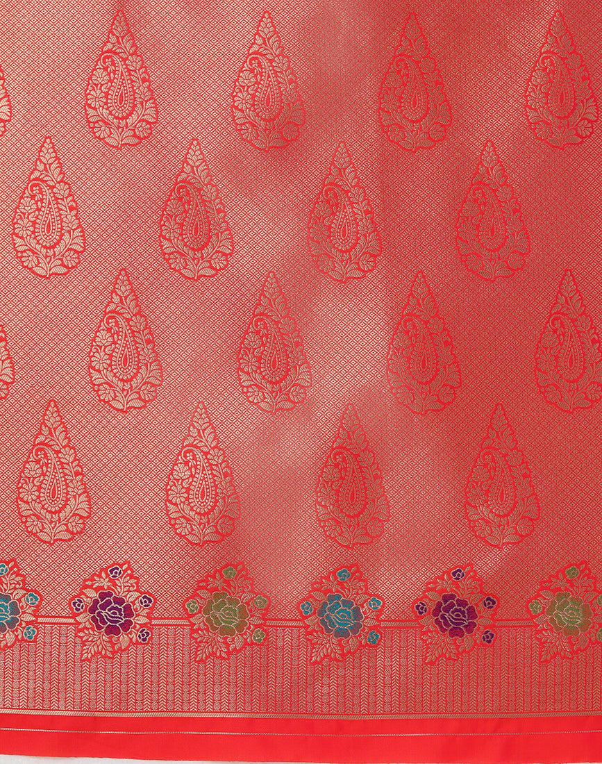 Monjolika Fashion Dark Peach Banarasi Silk Blend SareeWith Zari Woven Detailing | Swadesiicart