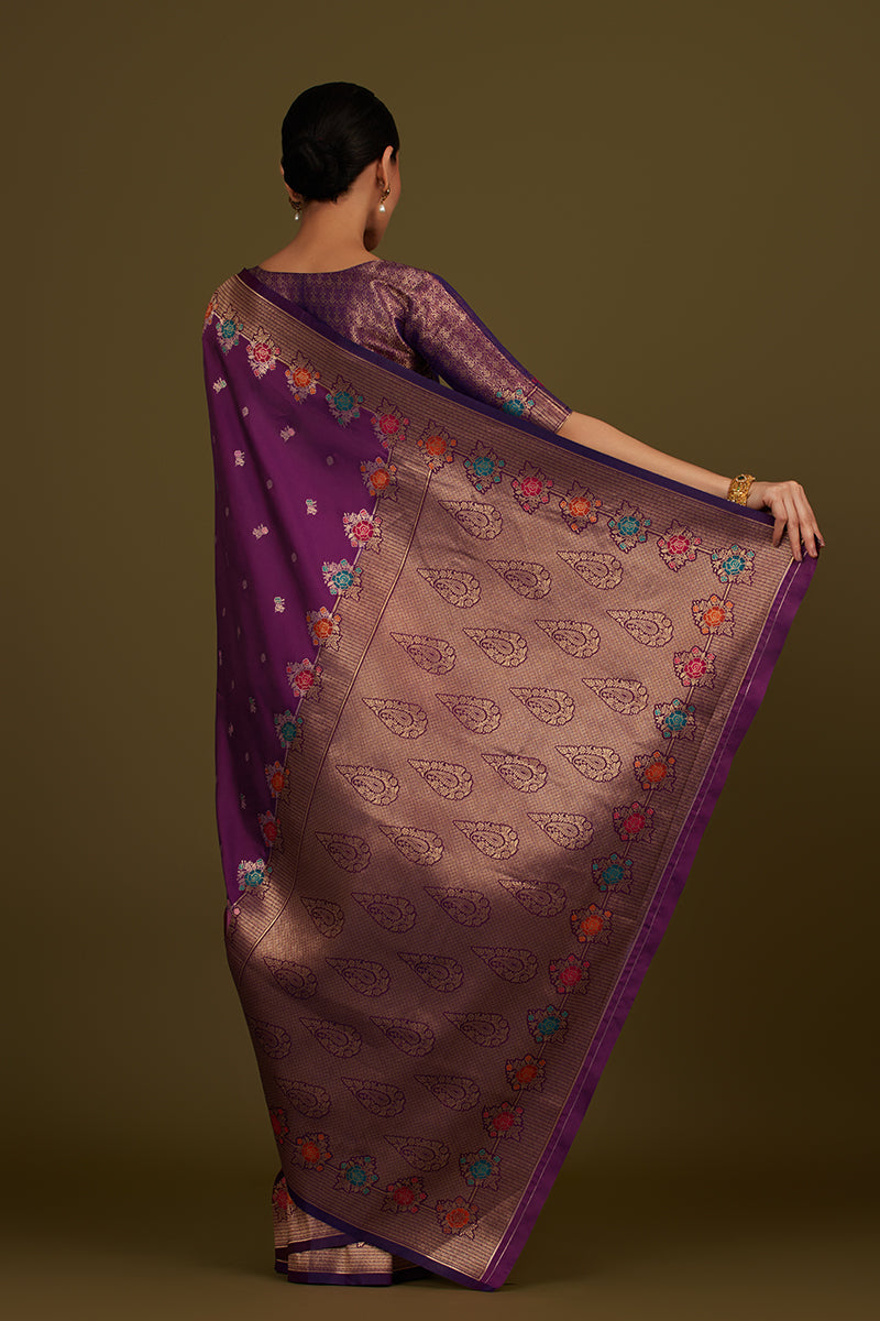 Monjolika Fashion Dark Violet Banarasi Silk Blend SareeWith Zari Woven Detailing | Swadesiicart