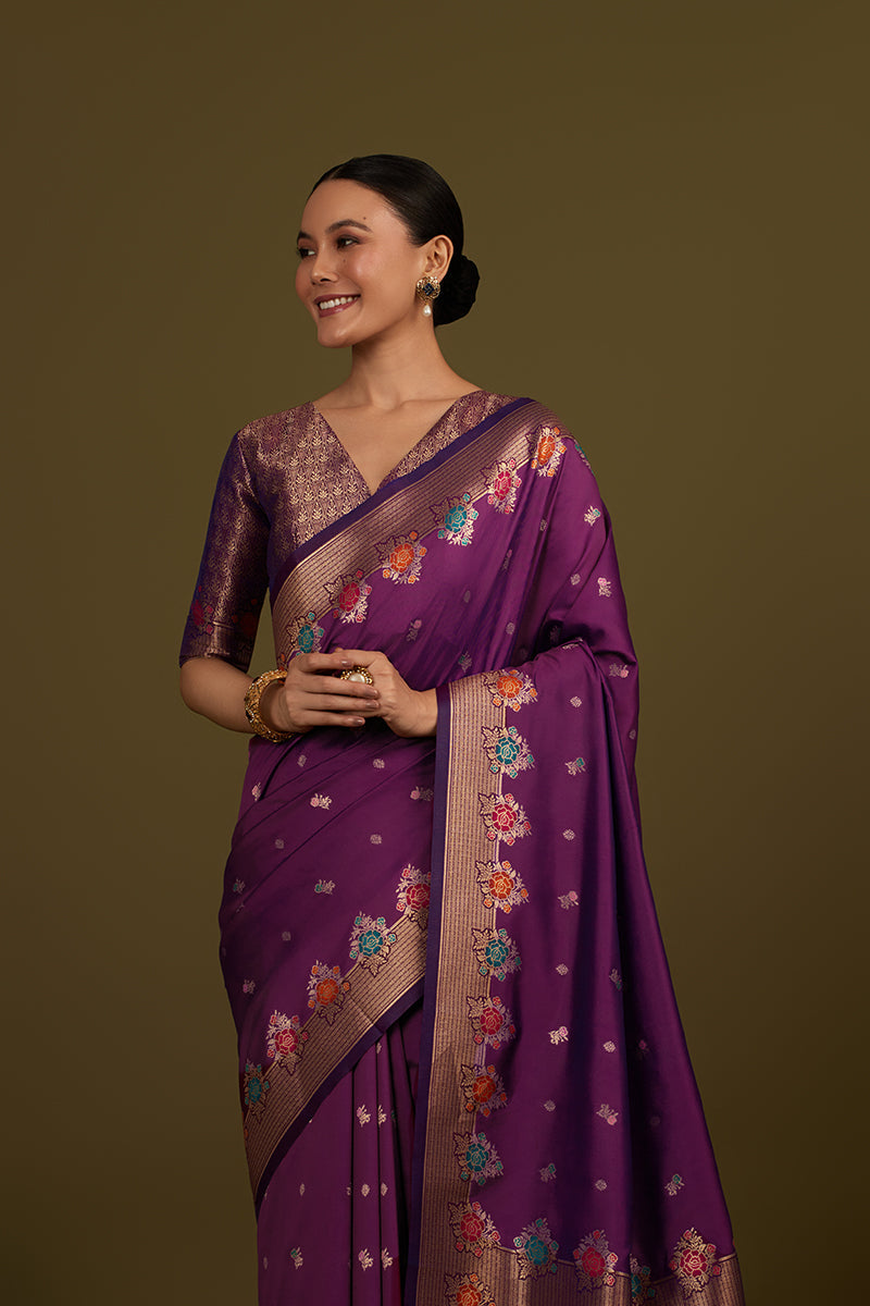 Monjolika Fashion Dark Violet Banarasi Silk Blend SareeWith Zari Woven Detailing | Swadesiicart