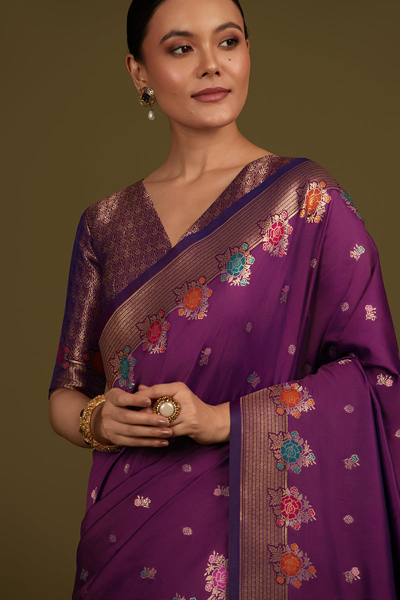 Monjolika Fashion Dark Violet Banarasi Silk Blend SareeWith Zari Woven Detailing | Swadesiicart