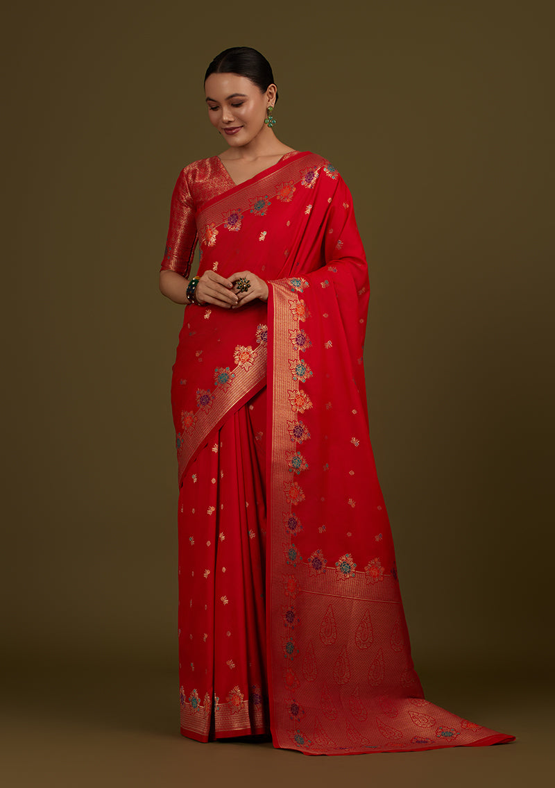 Monjolika Fashion Red Banarasi Silk Blend SareeWith Zari Woven Detailing | Swadesiicart