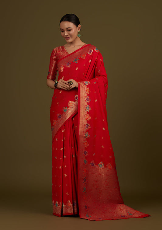 Monjolika Fashion Red Banarasi Silk Blend SareeWith Zari Woven Detailing | Swadesiicart