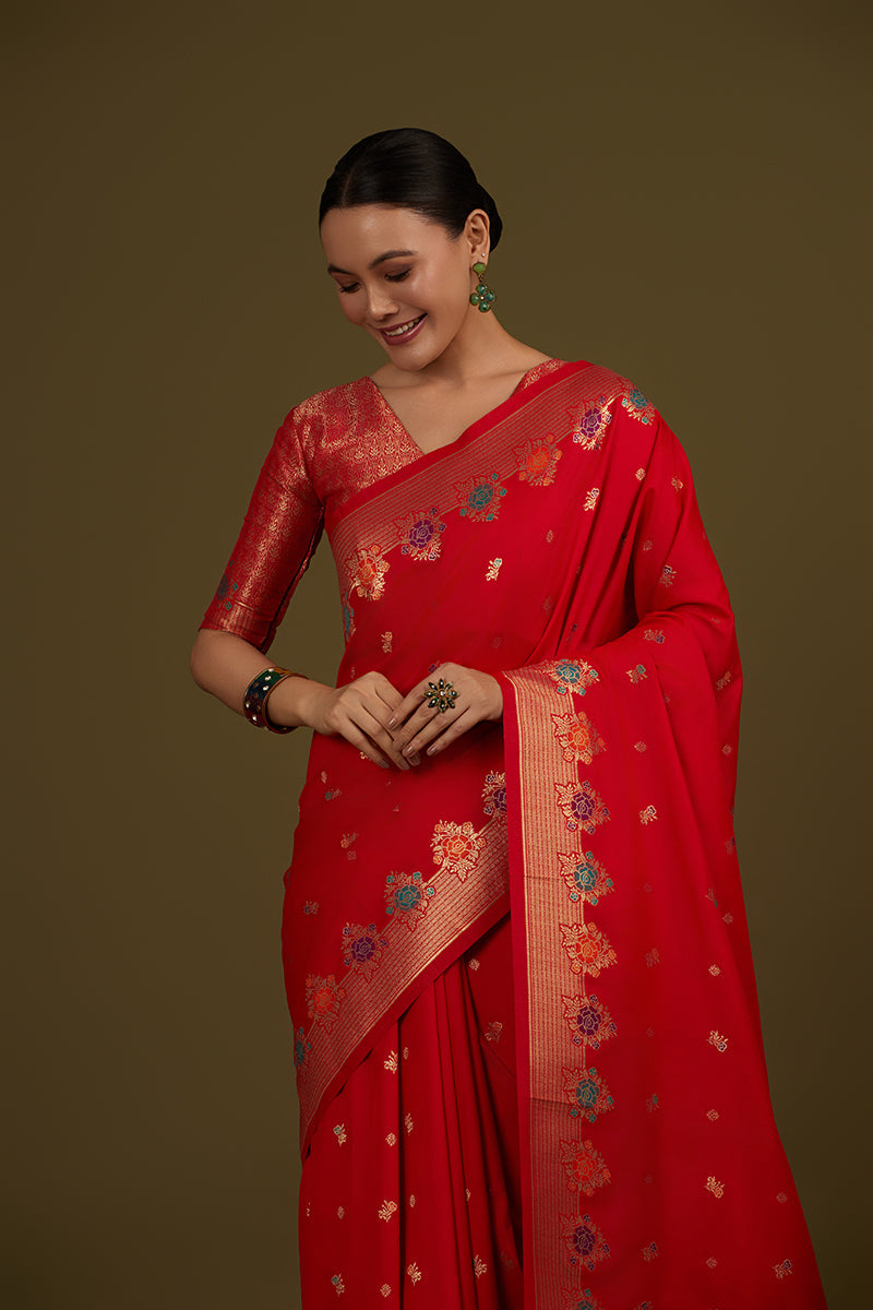 Monjolika Fashion Red Banarasi Silk Blend SareeWith Zari Woven Detailing | Swadesiicart