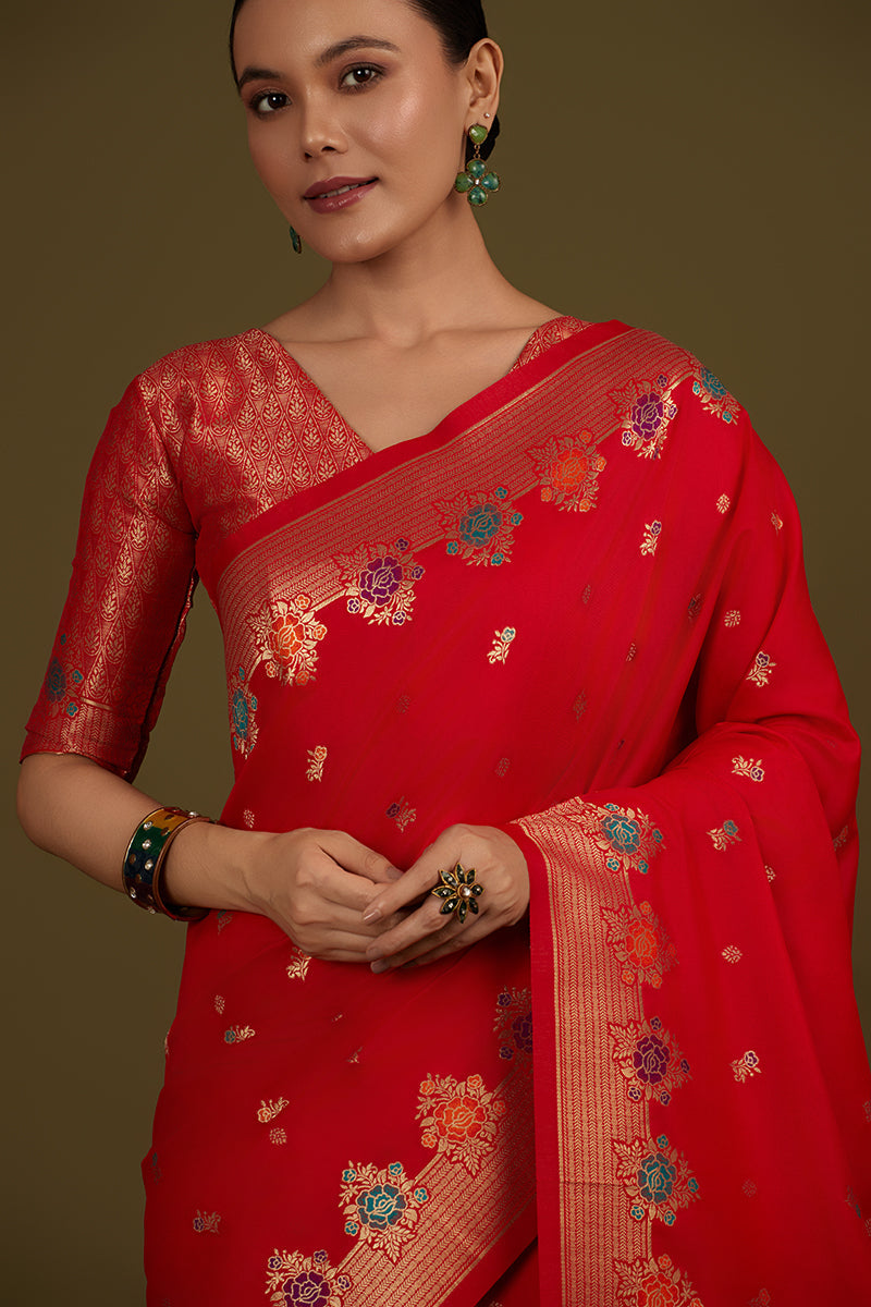 Monjolika Fashion Red Banarasi Silk Blend SareeWith Zari Woven Detailing | Swadesiicart