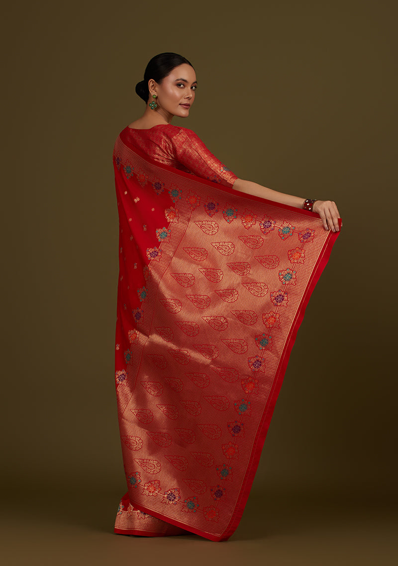 Monjolika Fashion Red Banarasi Silk Blend SareeWith Zari Woven Detailing | Swadesiicart