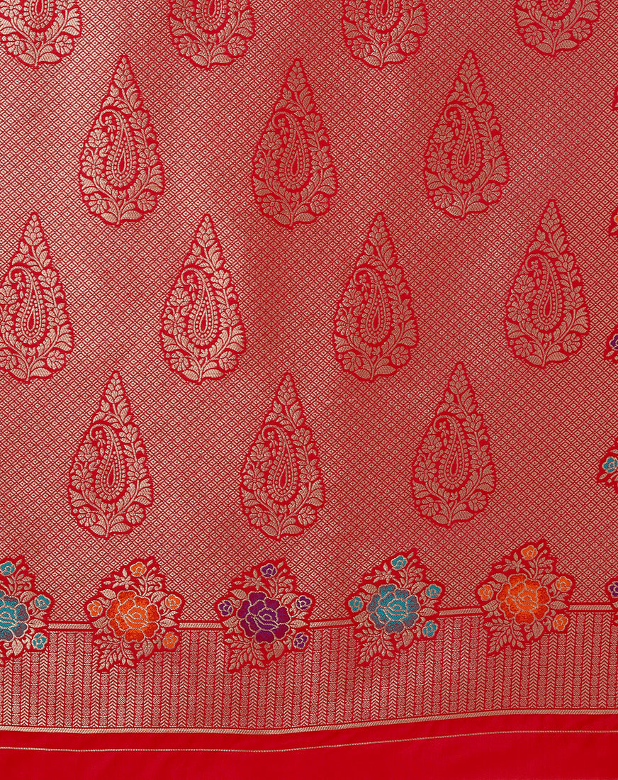 Monjolika Fashion Red Banarasi Silk Blend SareeWith Zari Woven Detailing | Swadesiicart