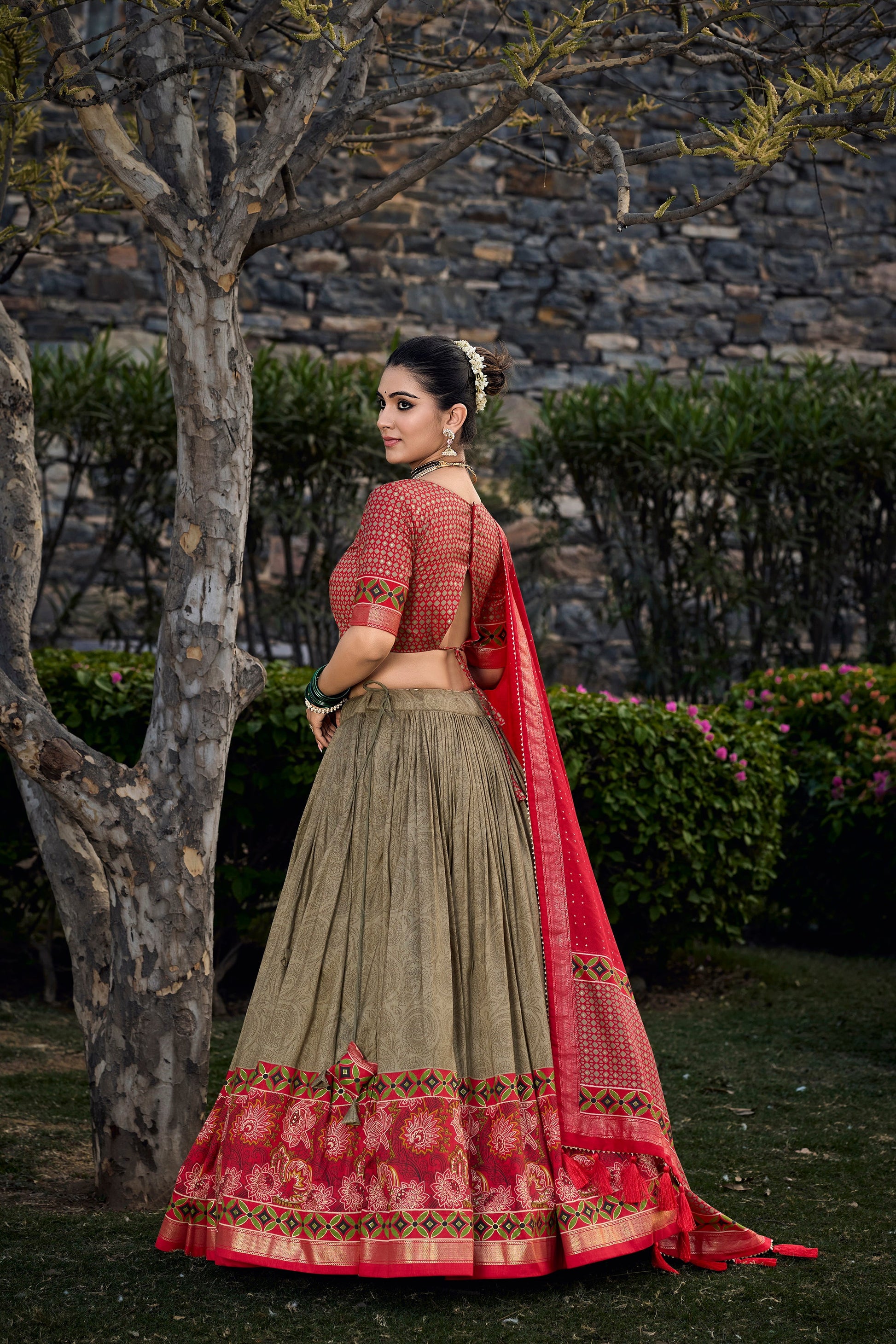 Lorenvalley Maroon and Brown Tussar Silk Floral Print with Foil Printed Lehenga Choli | Swadesiicart
