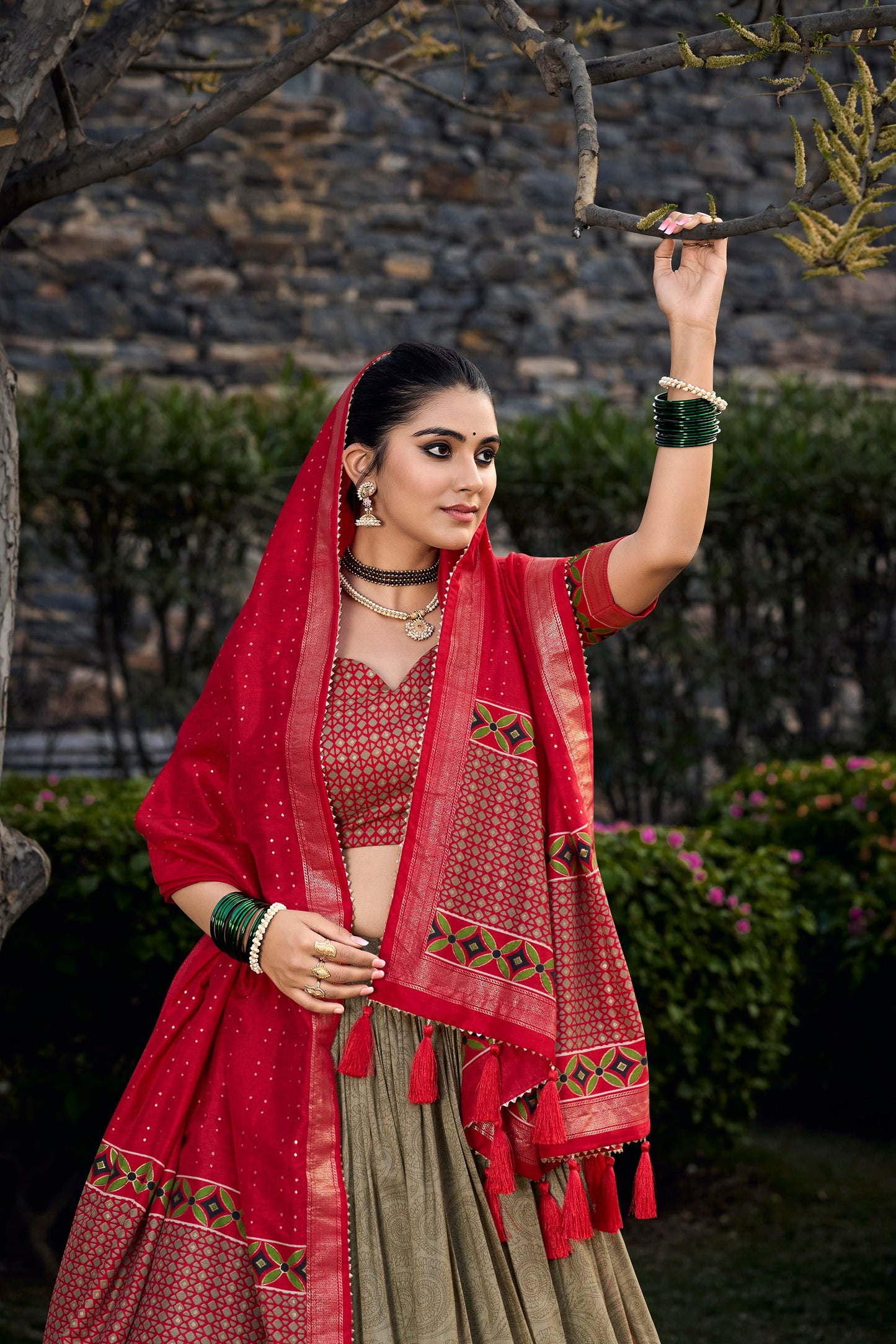 Lorenvalley Maroon and Brown Tussar Silk Floral Print with Foil Printed Lehenga Choli | Swadesiicart