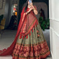 Lorenvalley Maroon and Brown Tussar Silk Floral Print with Foil Printed Lehenga Choli | Swadesiicart