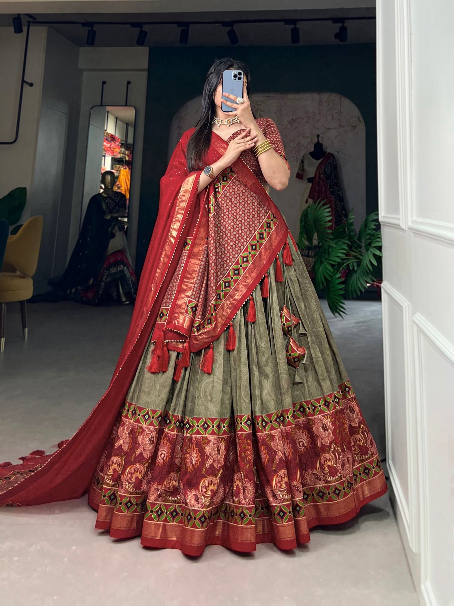 Lorenvalley Maroon and Brown Tussar Silk Floral Print with Foil Printed Lehenga Choli | Swadesiicart