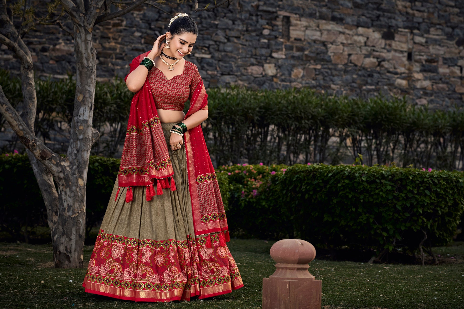 Lorenvalley Maroon and Brown Tussar Silk Floral Print with Foil Printed Lehenga Choli | Swadesiicart