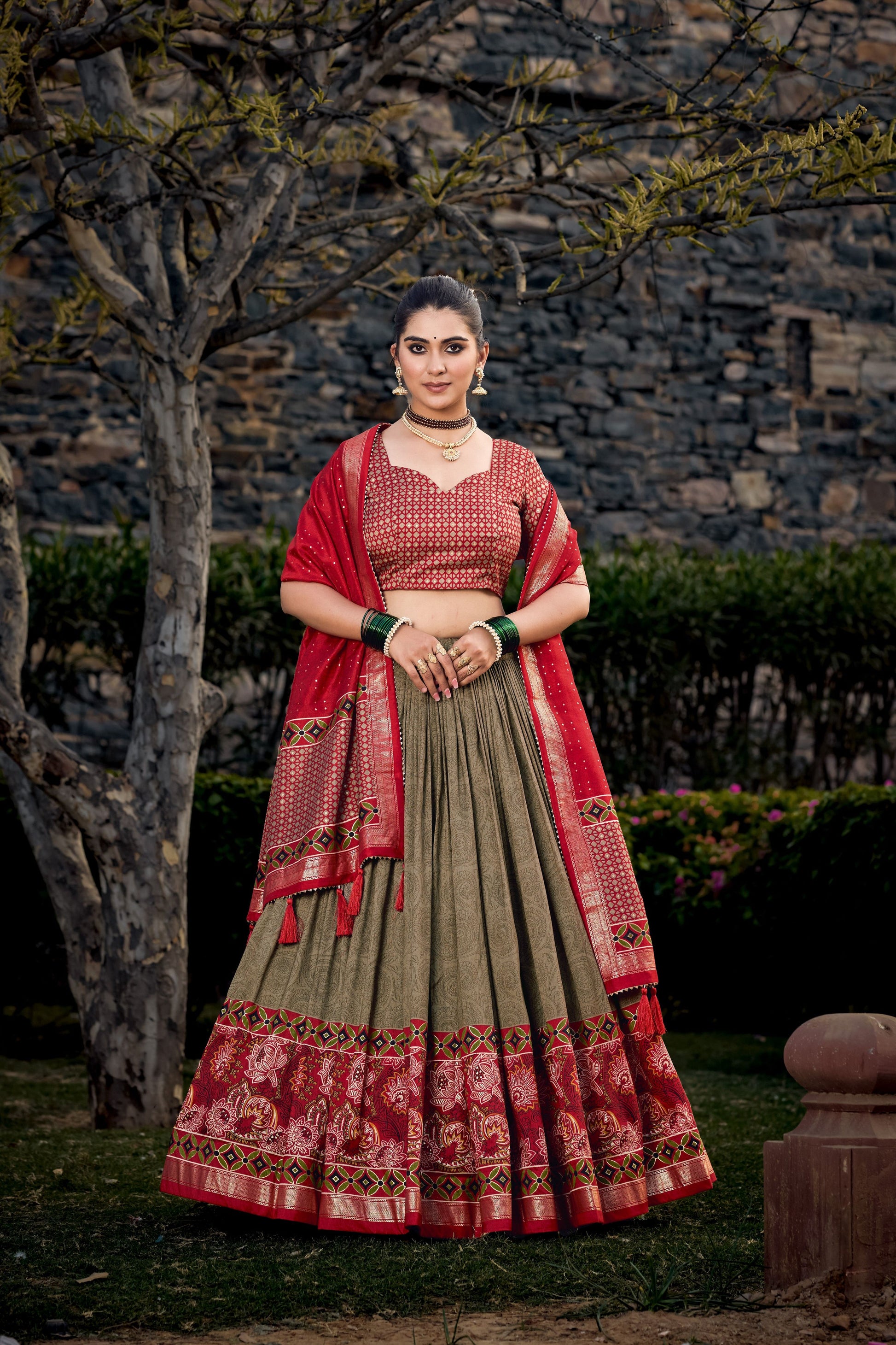 Lorenvalley Maroon and Brown Tussar Silk Floral Print with Foil Printed Lehenga Choli | Swadesiicart
