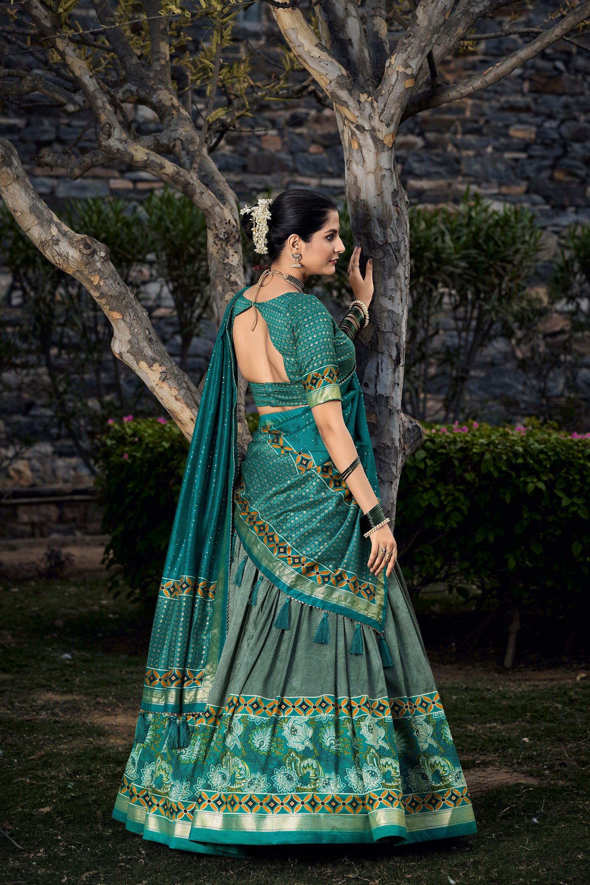 Lorenvalley Seagreen Tussar Silk Floral Print with Foil Printed Lehenga Choli | Swadesiicart