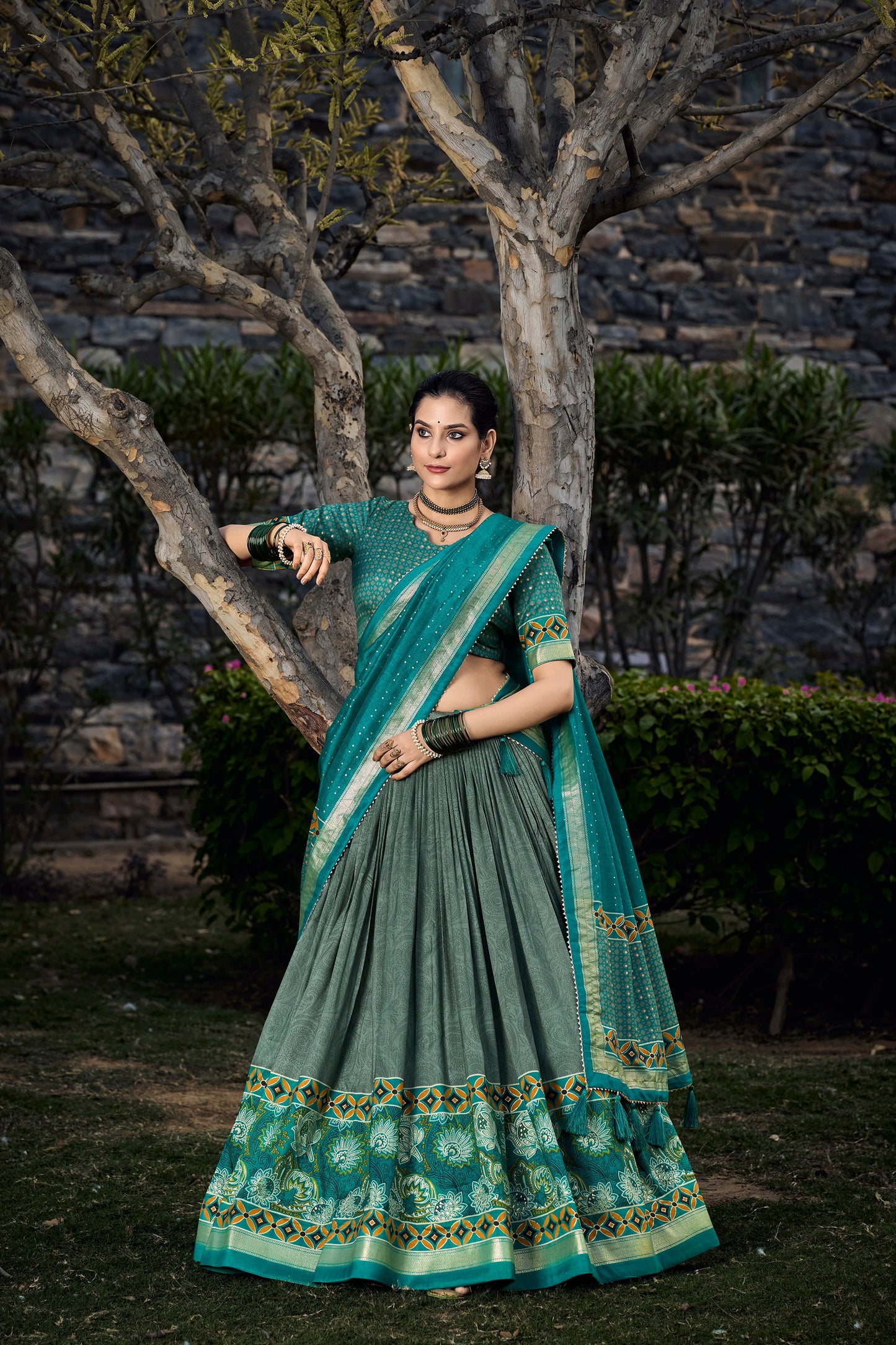 Lorenvalley Seagreen Tussar Silk Floral Print with Foil Printed Lehenga Choli | Swadesiicart