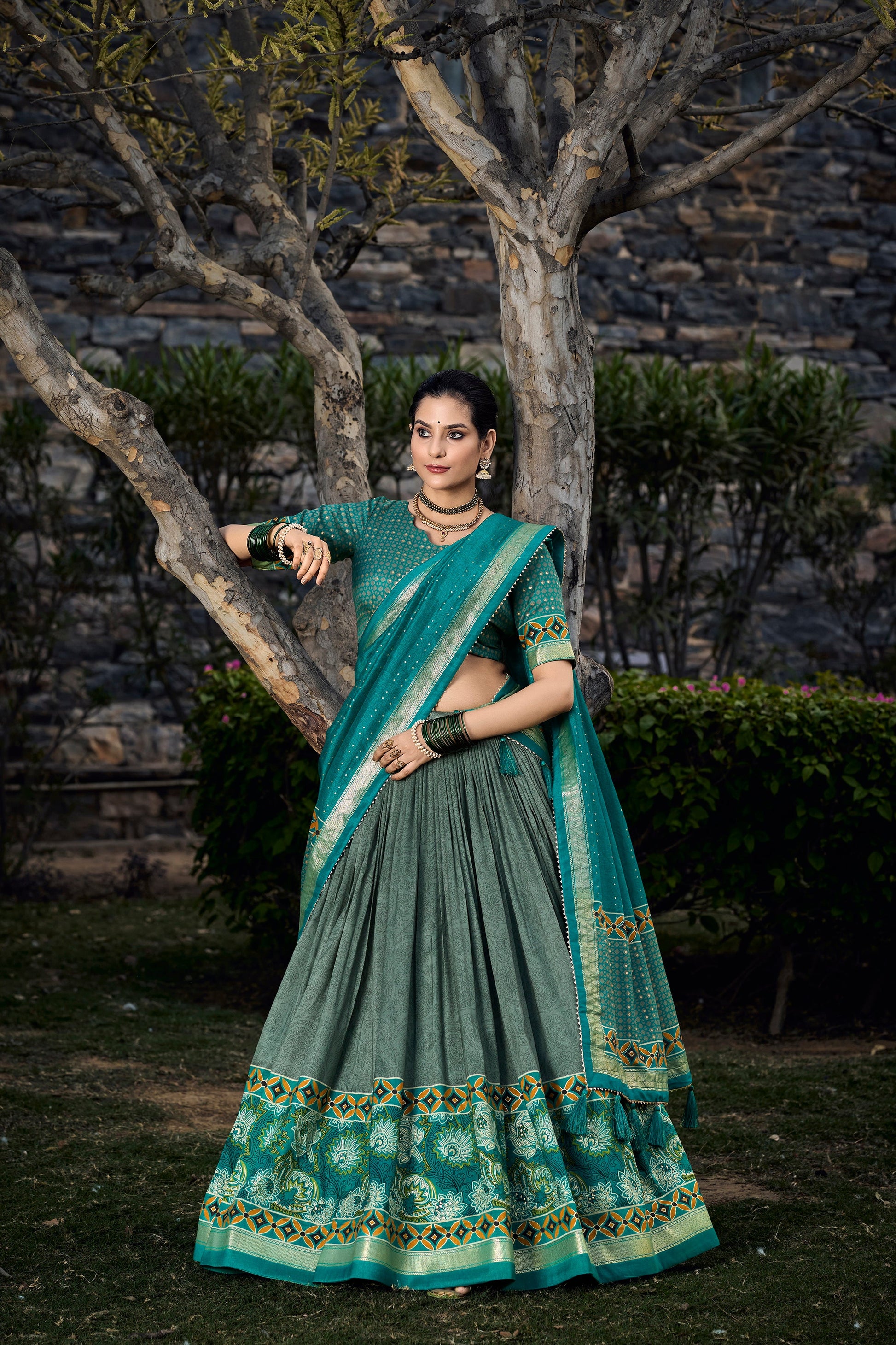 Lorenvalley Seagreen Tussar Silk Floral Print with Foil Printed Lehenga Choli | Swadesiicart