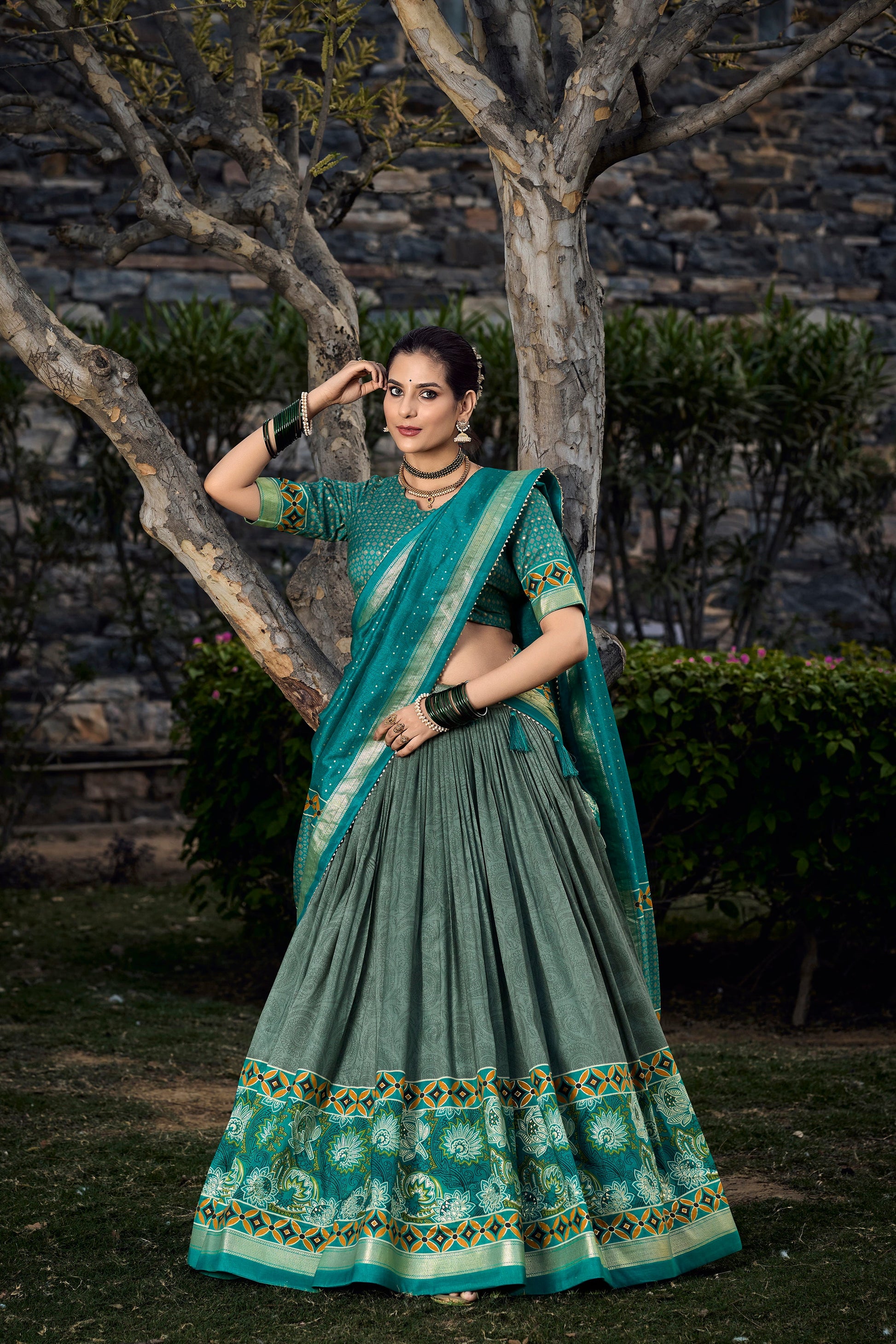 Lorenvalley Seagreen Tussar Silk Floral Print with Foil Printed Lehenga Choli | Swadesiicart