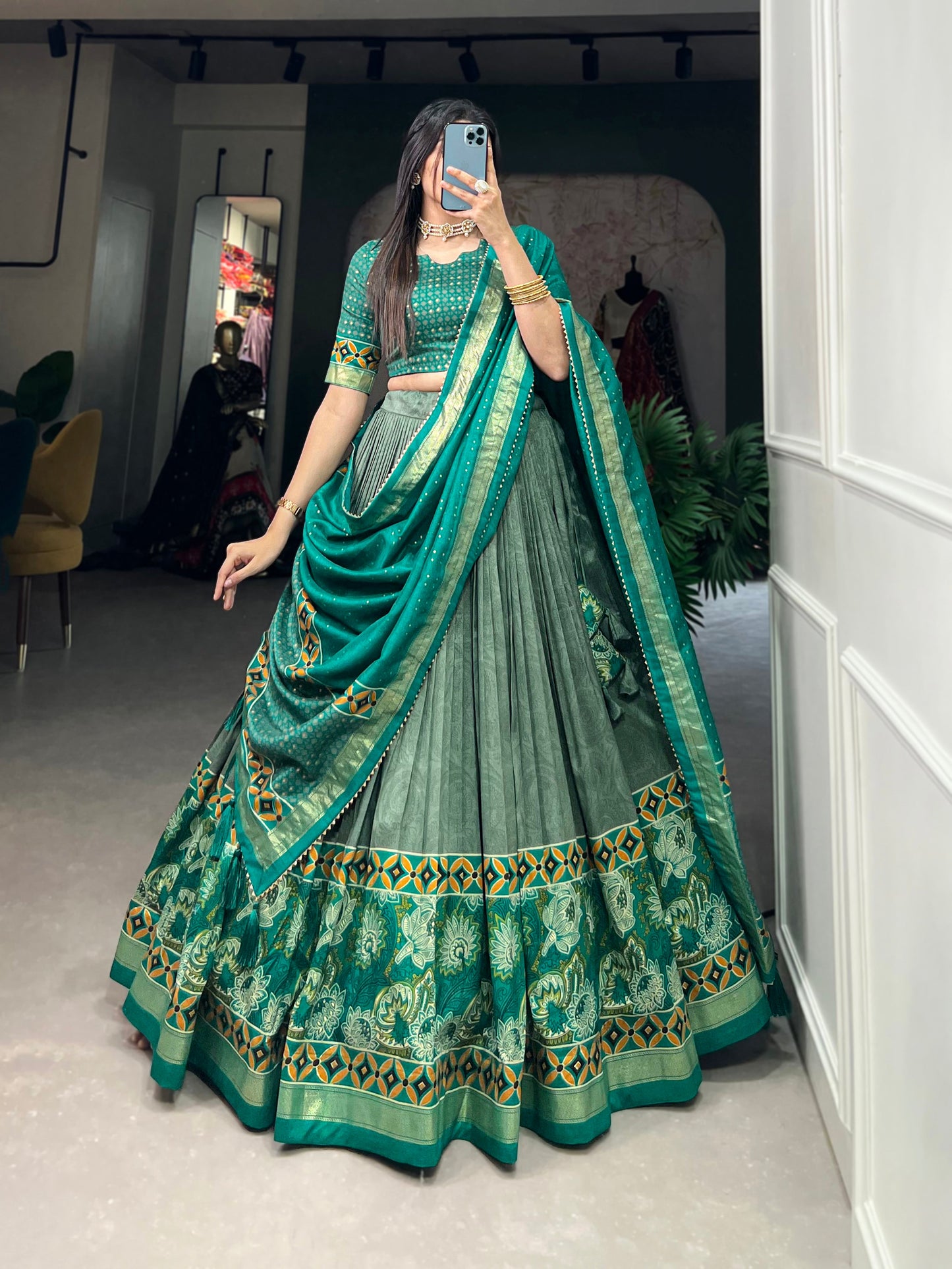 Lorenvalley Seagreen Tussar Silk Floral Print with Foil Printed Lehenga Choli | Swadesiicart