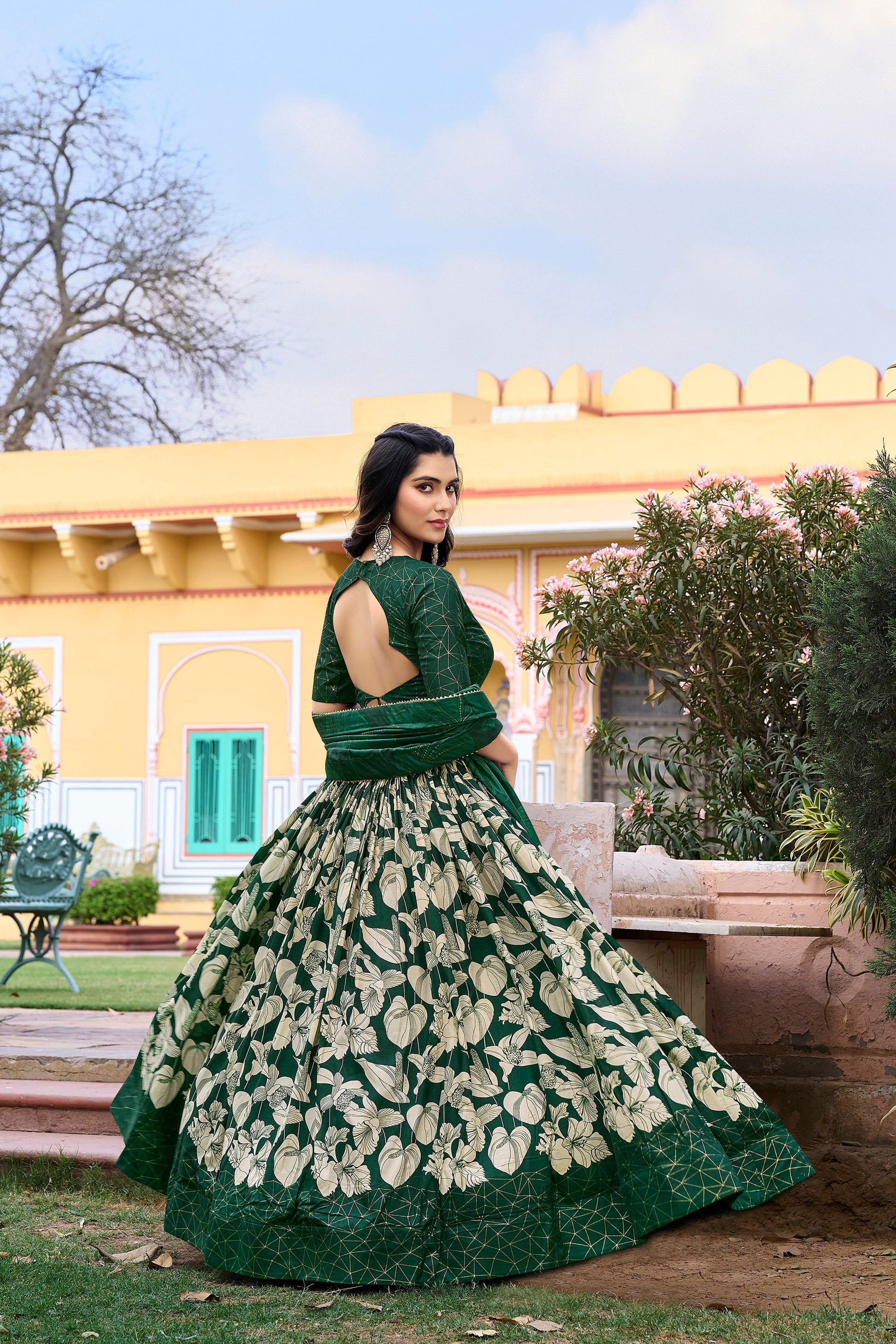 Lorenvalley Green Tussar Silk Floral Printed with Foil Printed Lehenga Choli | Swadesiicart