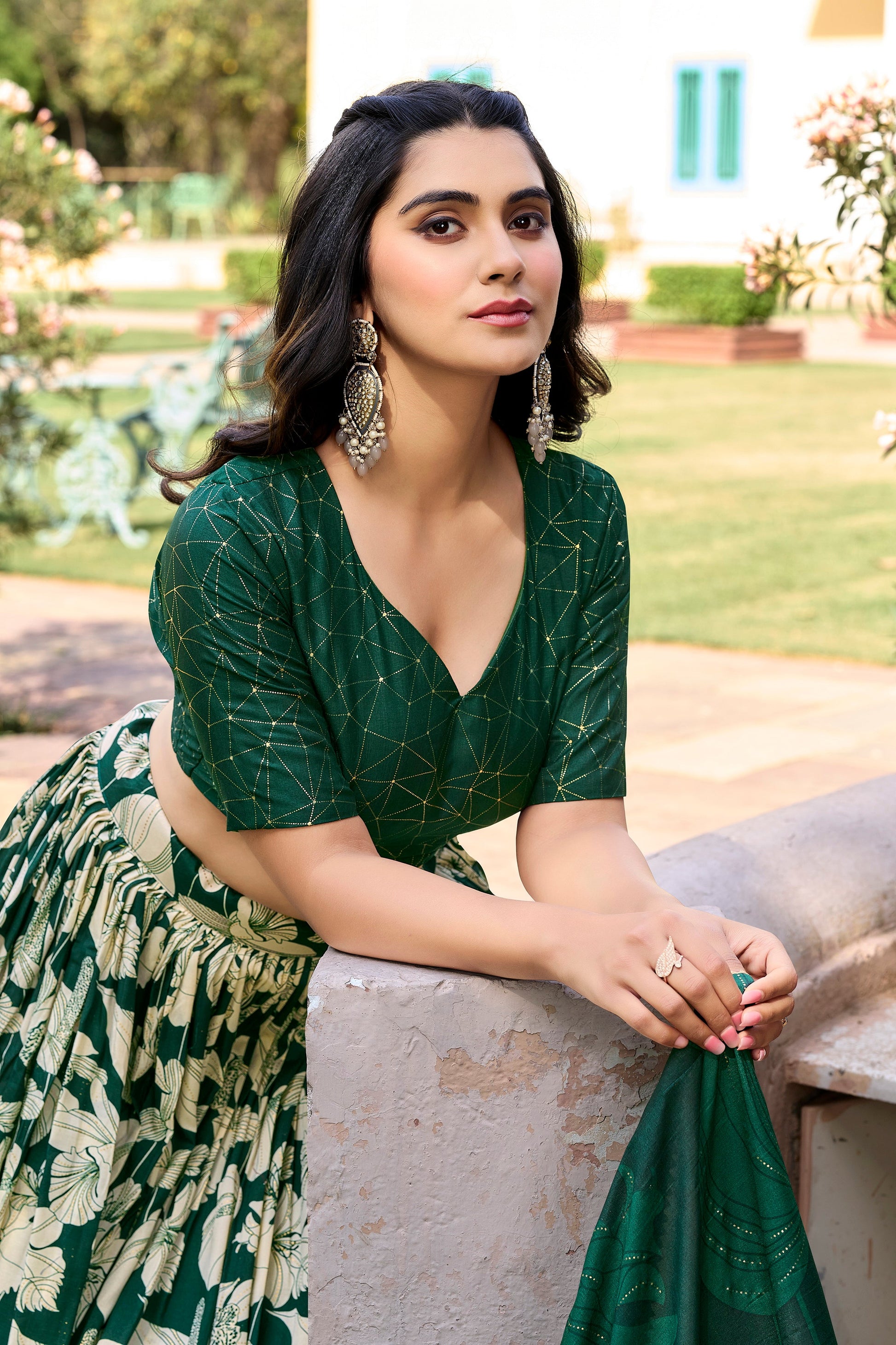 Lorenvalley Green Tussar Silk Floral Printed with Foil Printed Lehenga Choli | Swadesiicart