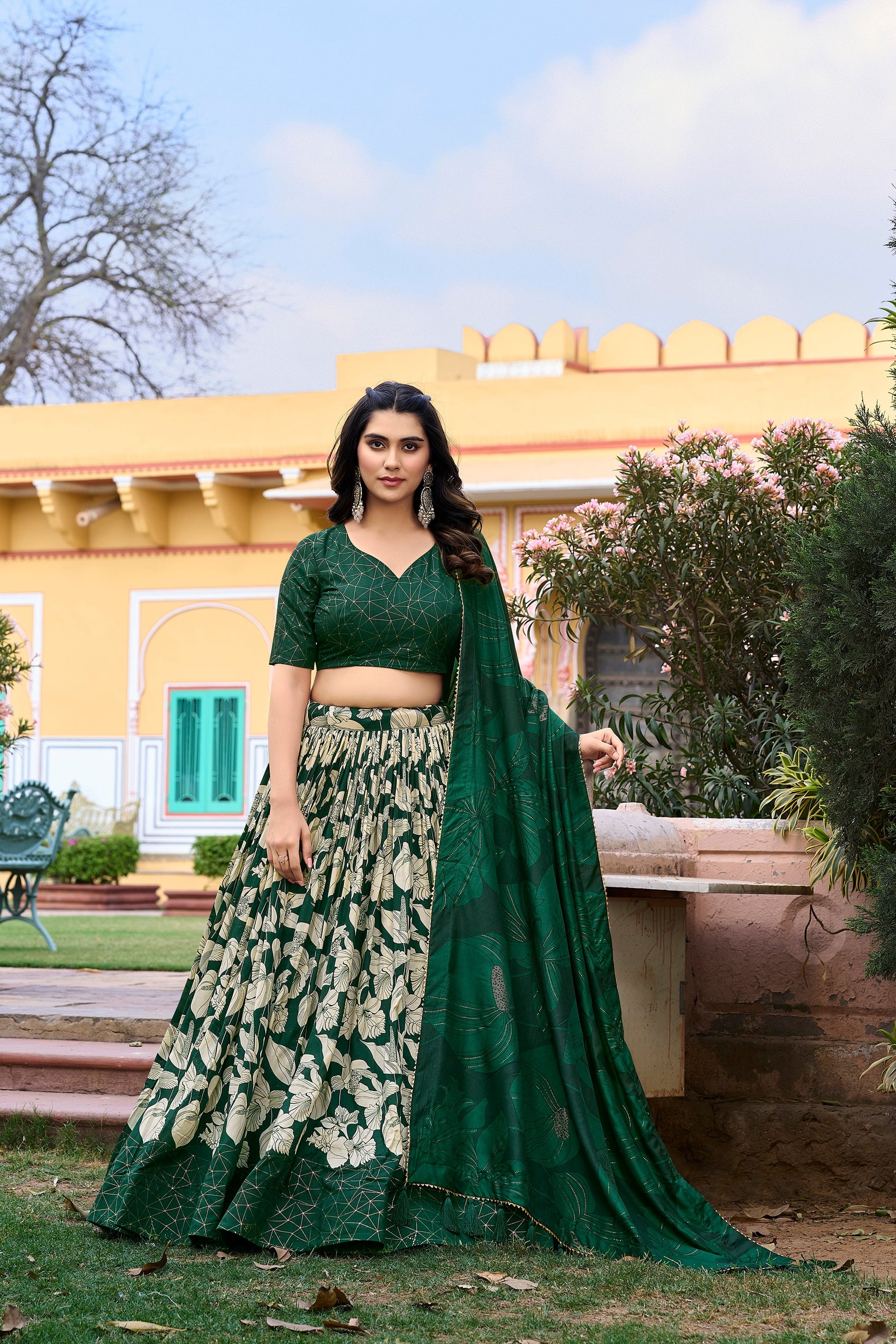 Lorenvalley Green Tussar Silk Floral Printed with Foil Printed Lehenga Choli | Swadesiicart