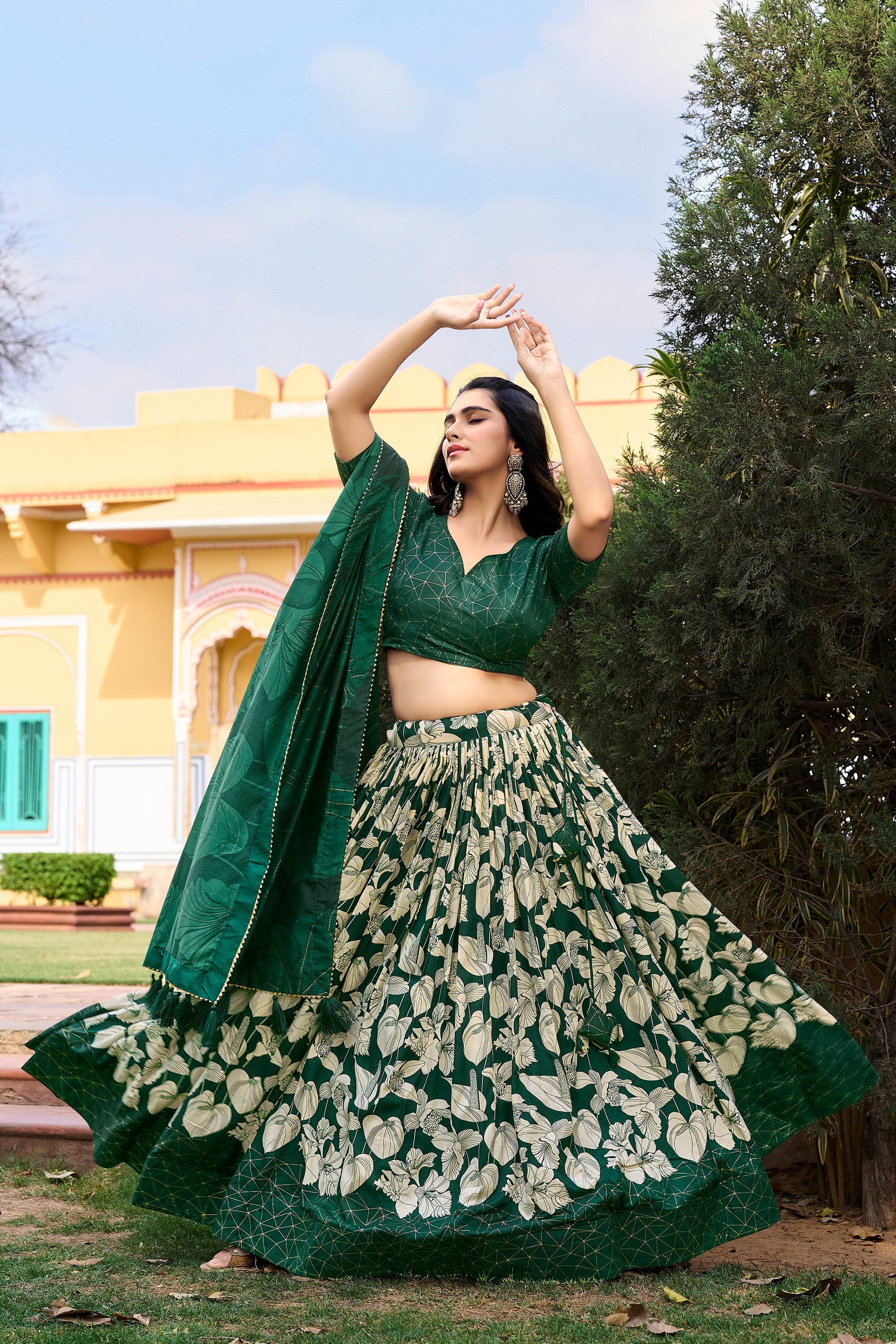 Lorenvalley Green Tussar Silk Floral Printed with Foil Printed Lehenga Choli | Swadesiicart
