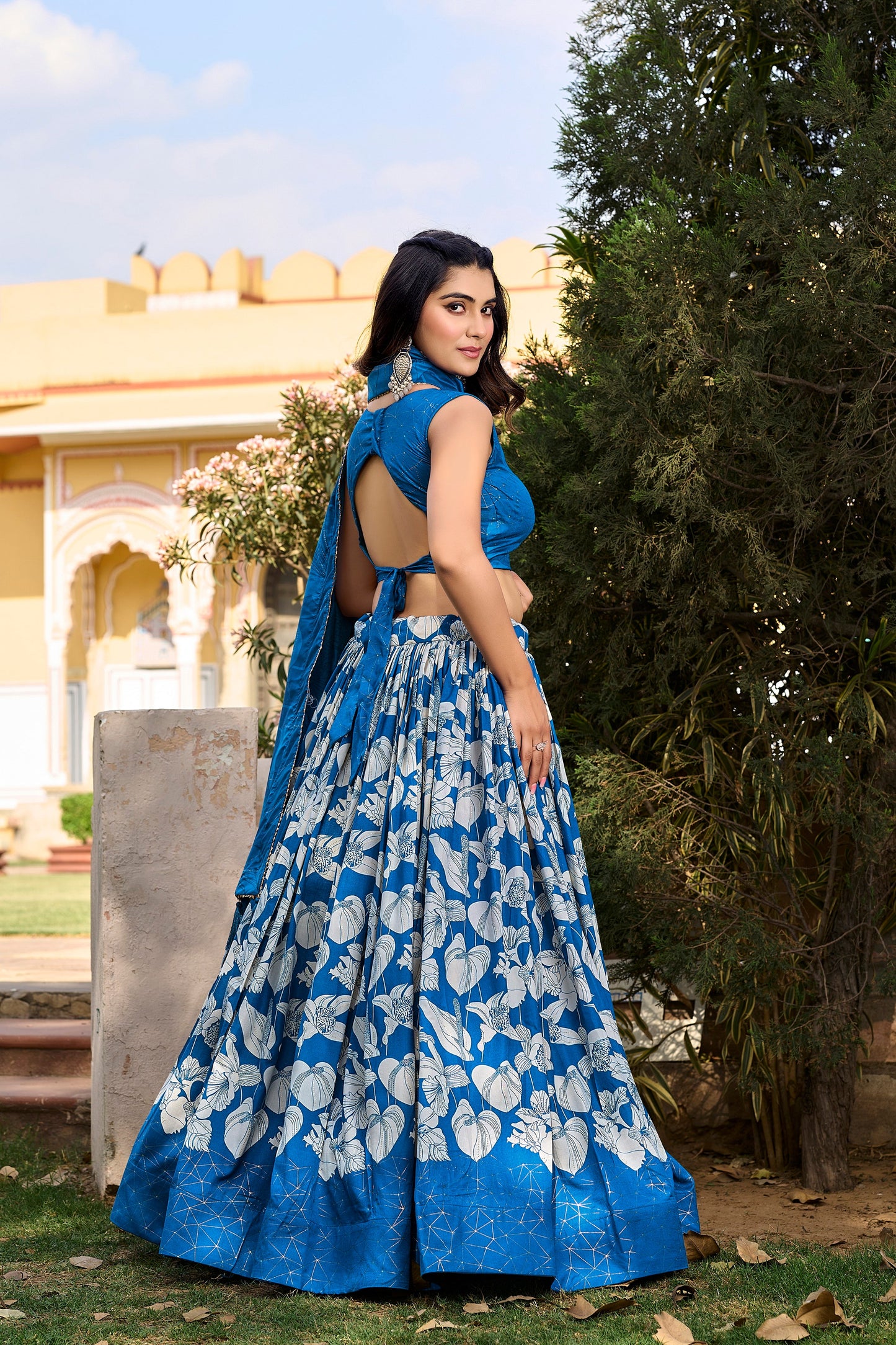 Lorenvalley Blue Tussar Silk Floral Printed with Foil Printed Lehenga Choli | Swadesiicart
