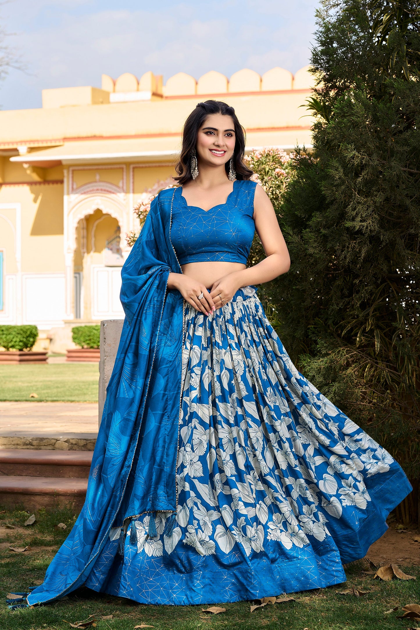 Lorenvalley Blue Tussar Silk Floral Printed with Foil Printed Lehenga Choli | Swadesiicart