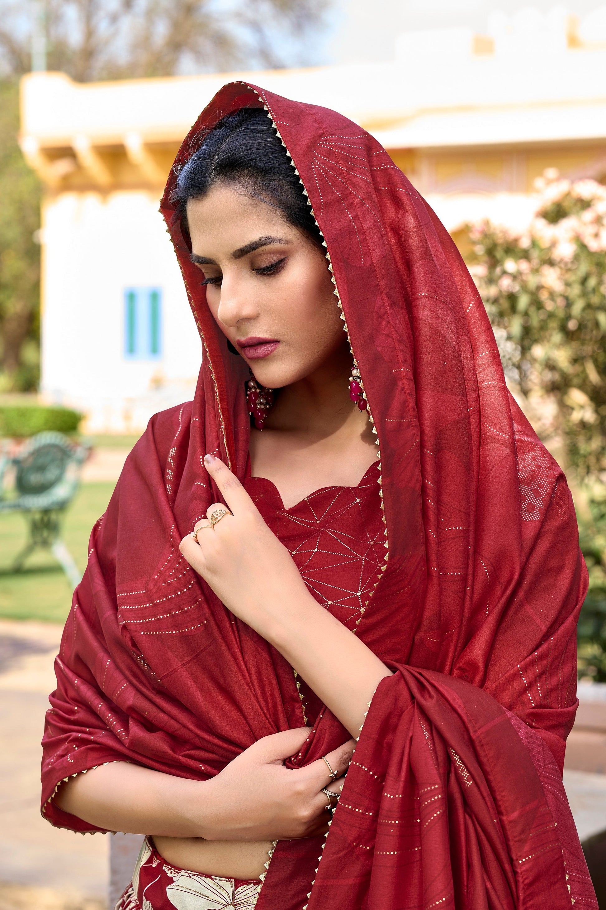 Lorenvalley Red Tussar Silk Floral Printed with Foil Printed Lehenga Choli | Swadesiicart