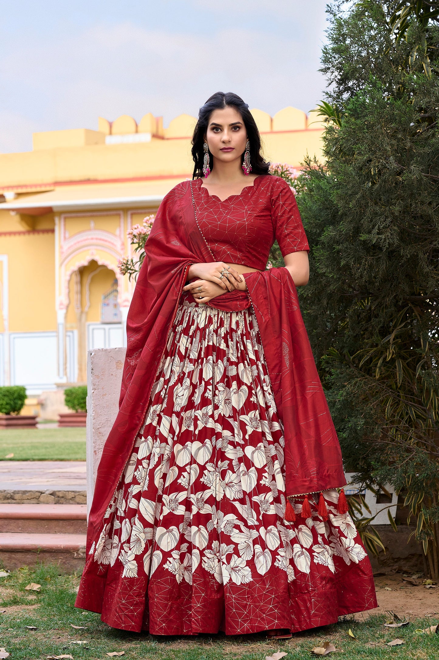 Lorenvalley Red Tussar Silk Floral Printed with Foil Printed Lehenga Choli | Swadesiicart