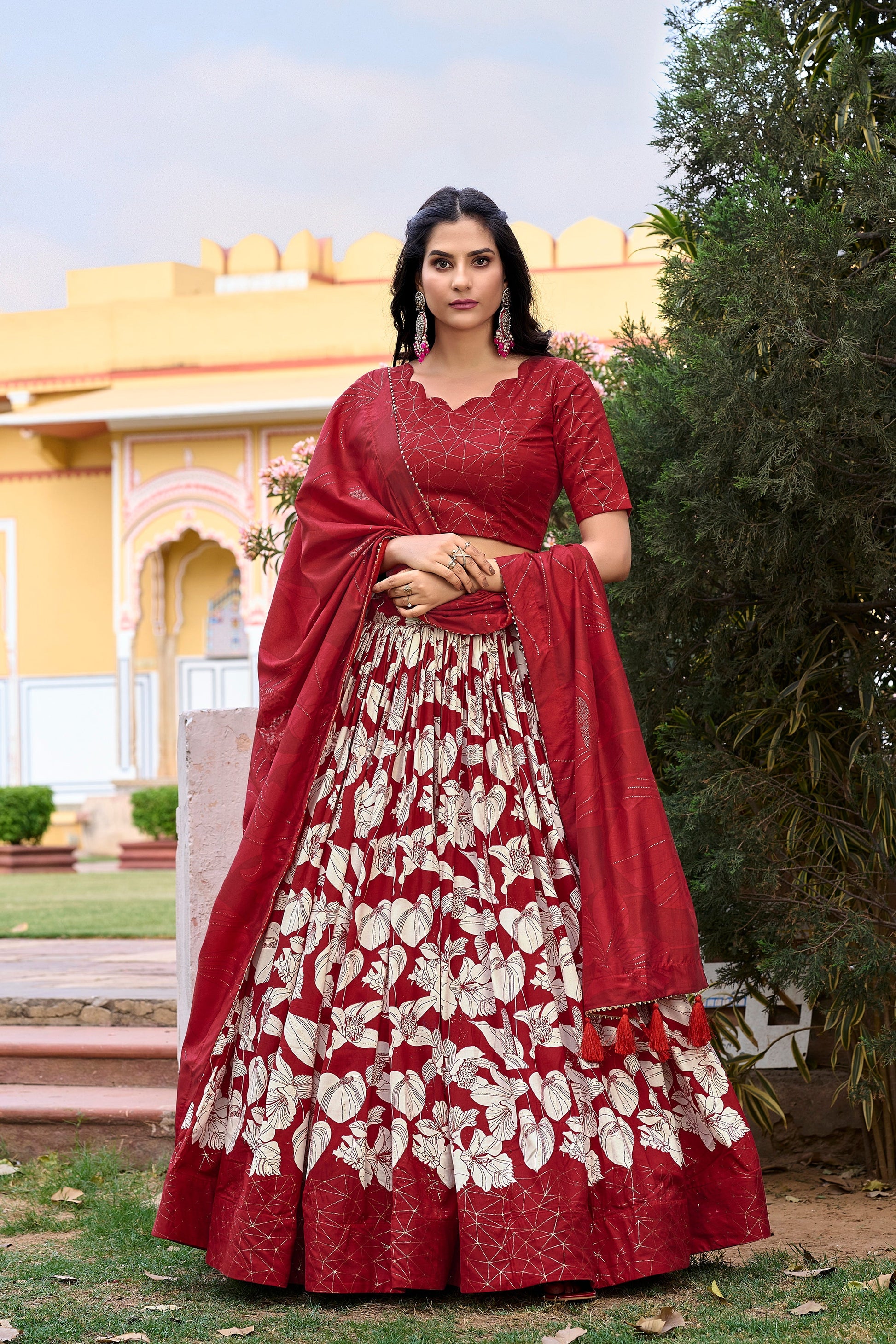 Lorenvalley Red Tussar Silk Floral Printed with Foil Printed Lehenga Choli | Swadesiicart