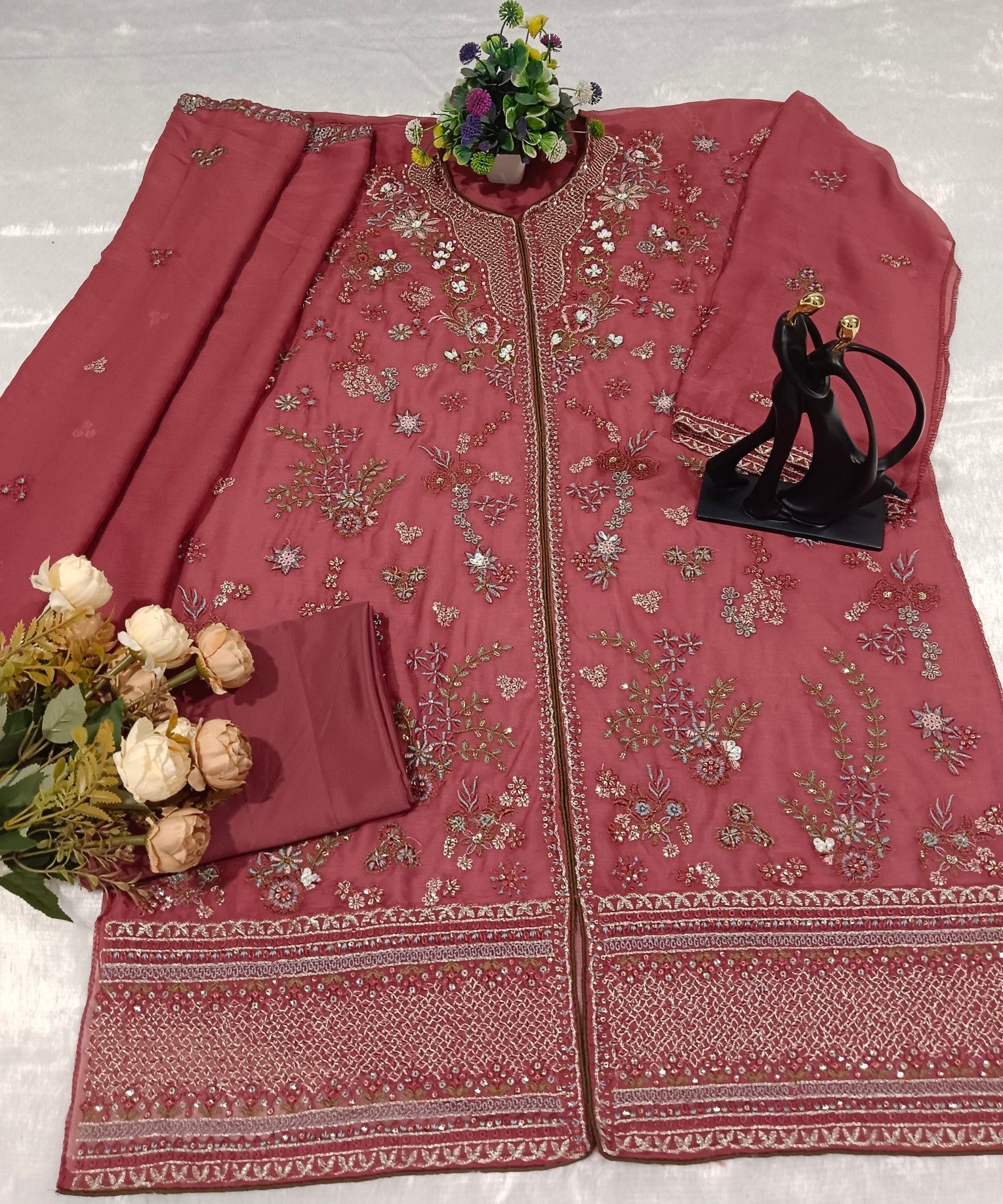 Anaita Pink Chiffon Suit With Embroidery Work
