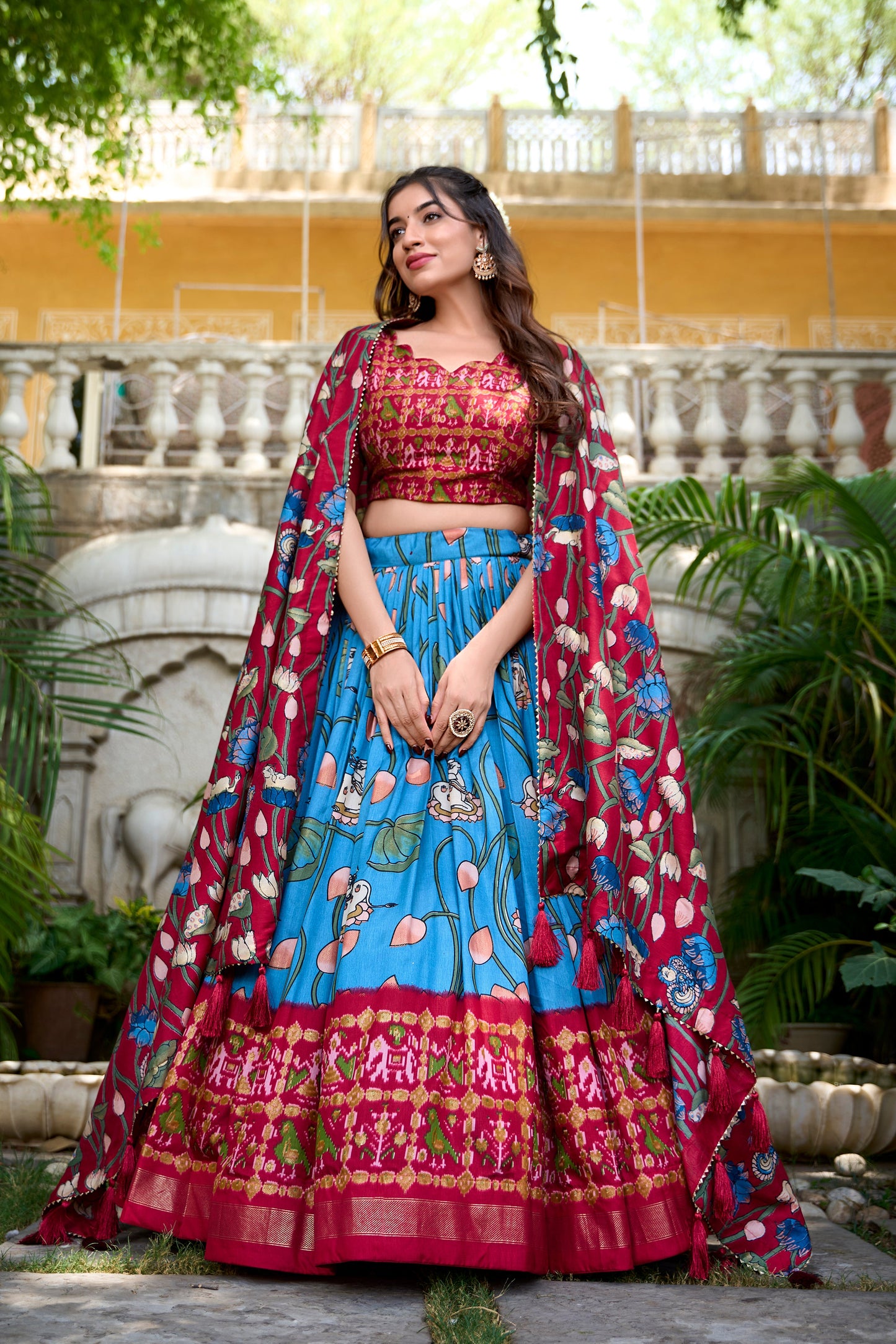 Lorenvalley Firozi Tussar Silk Pichwai With Patola Print And Zari Weaving Border Lehenga Choli with Dupatta | Swadesiicart