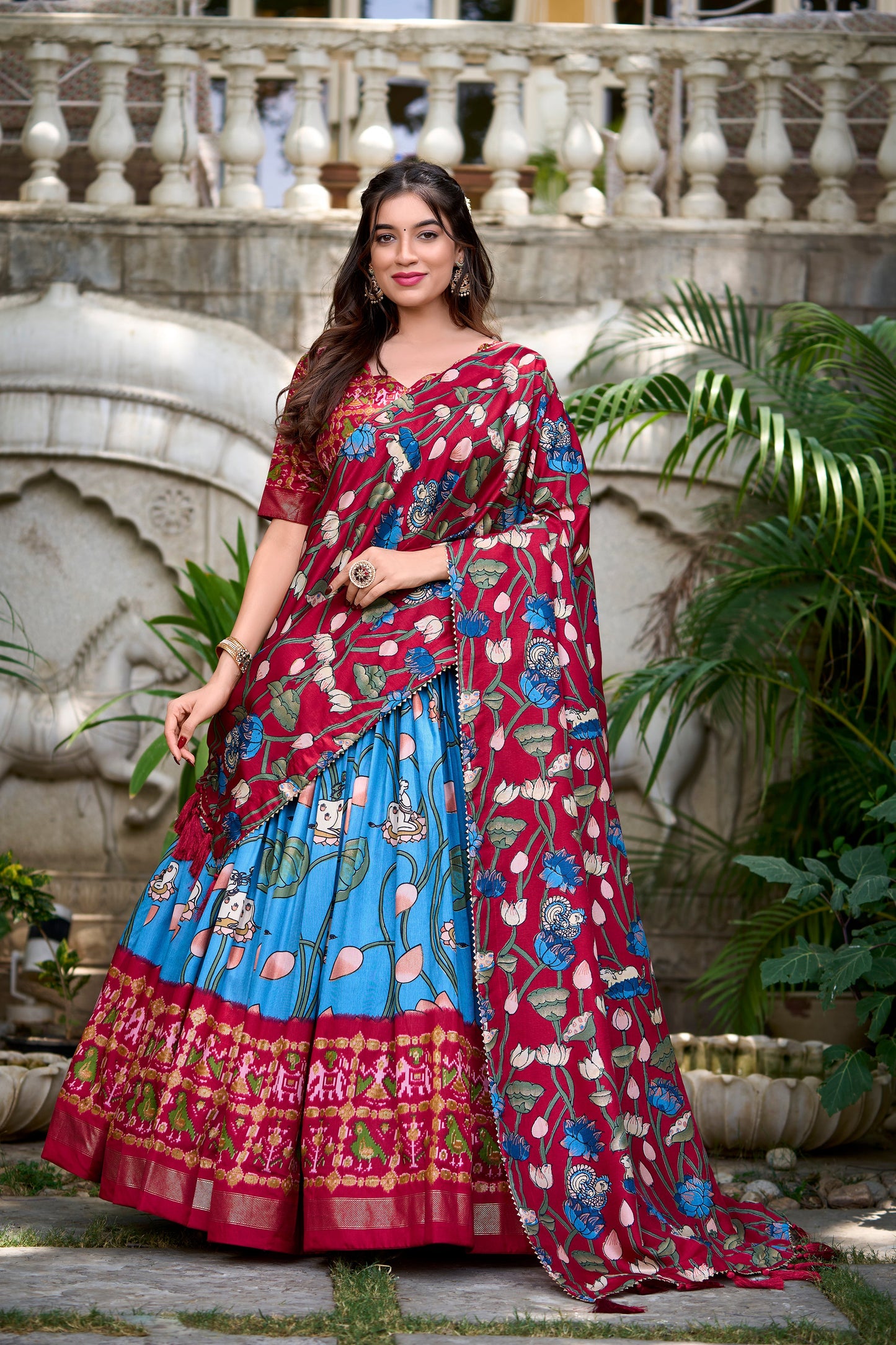 Lorenvalley Firozi Tussar Silk Pichwai With Patola Print And Zari Weaving Border Lehenga Choli with Dupatta | Swadesiicart