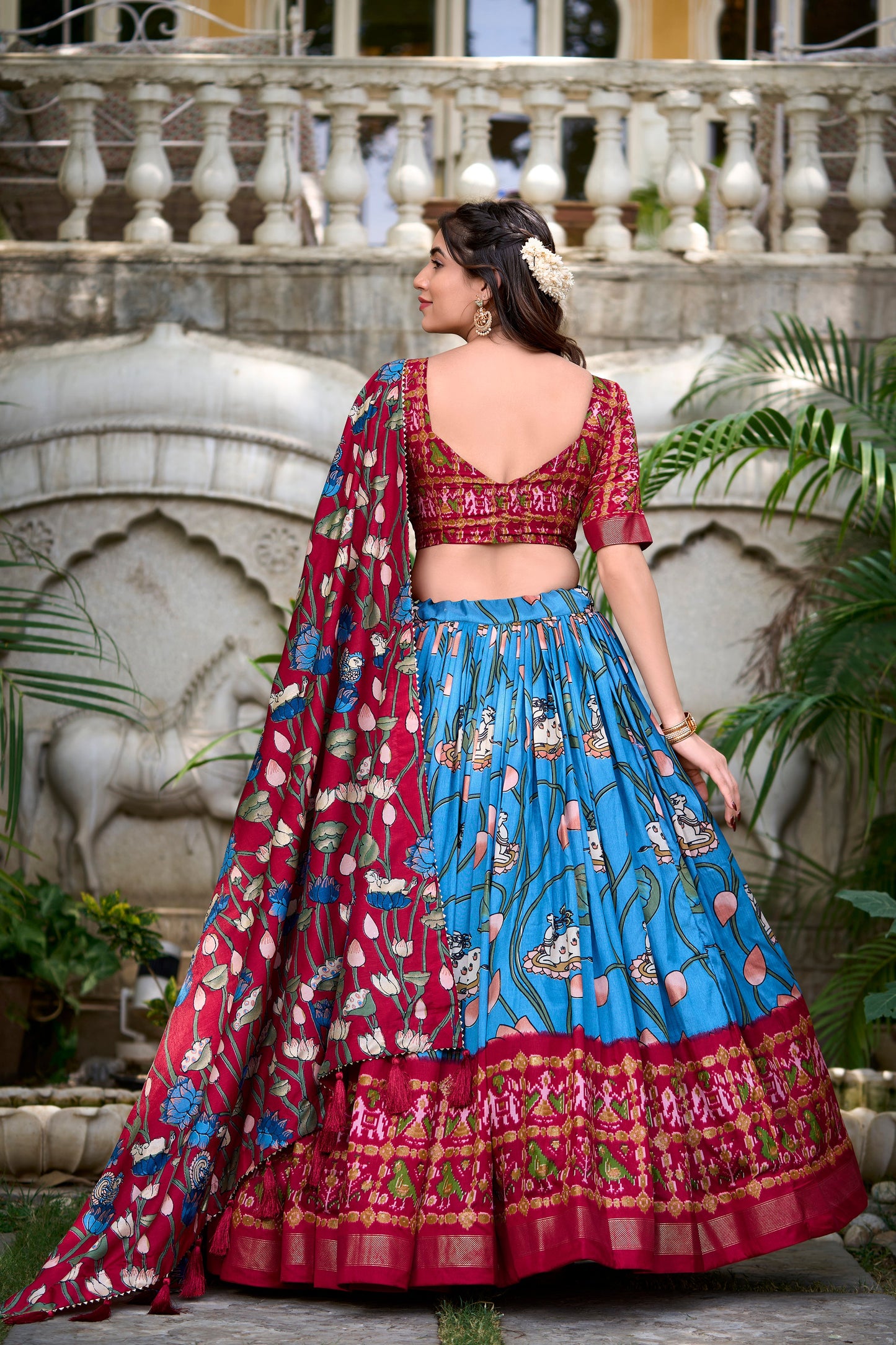 Lorenvalley Firozi Tussar Silk Pichwai With Patola Print And Zari Weaving Border Lehenga Choli with Dupatta | Swadesiicart