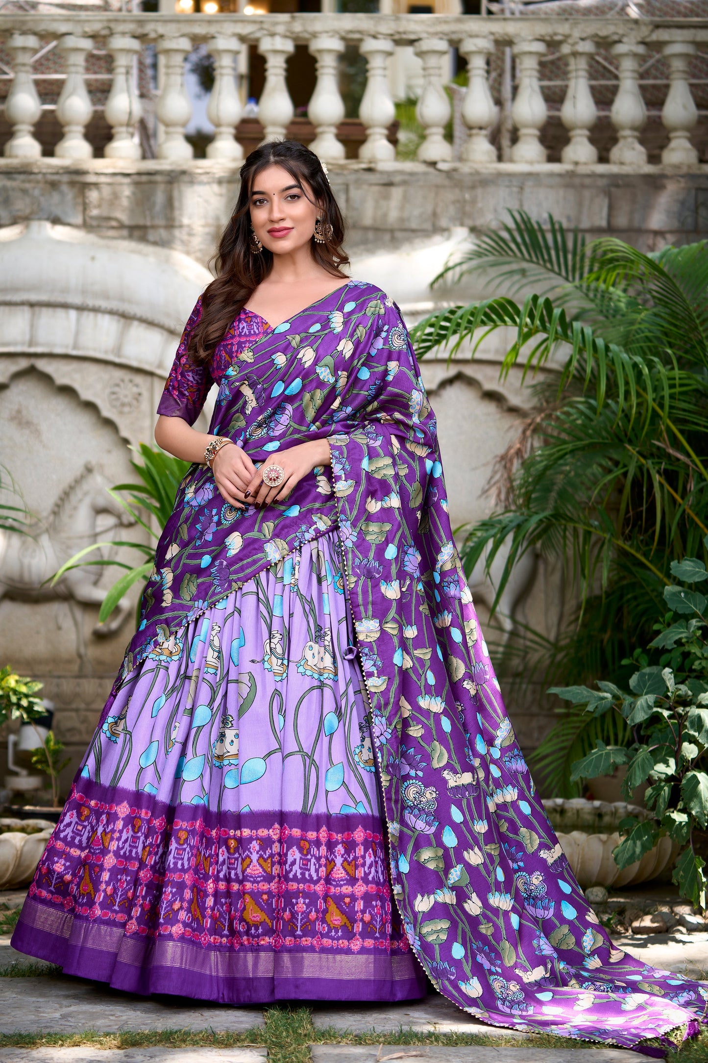 Lorenvalley Lavender Tussar Silk Pichwai With Patola Print And Zari Weaving Border Lehenga Choli with Dupatta | Swadesiicart