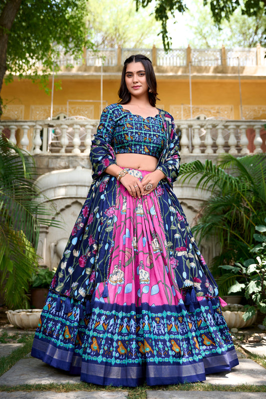 Lorenvalley Pink Tussar Silk Pichwai With Patola Print And Zari Weaving Border Lehenga Choli with Dupatta | Swadesiicart