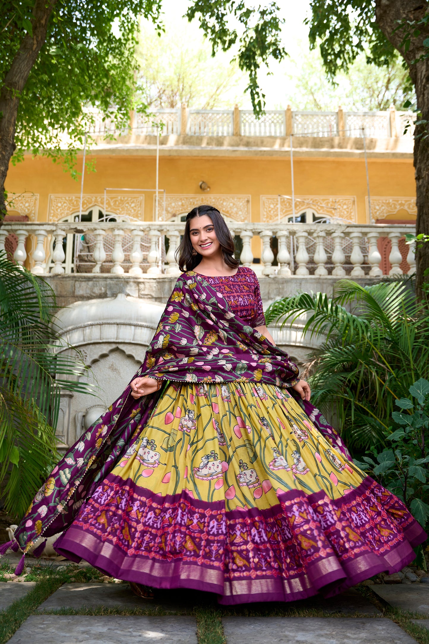 Lorenvalley Yellow Tussar Silk Pichwai With Patola Print And Zari Weaving Border Lehenga Choli with Dupatta - Swadesiicart