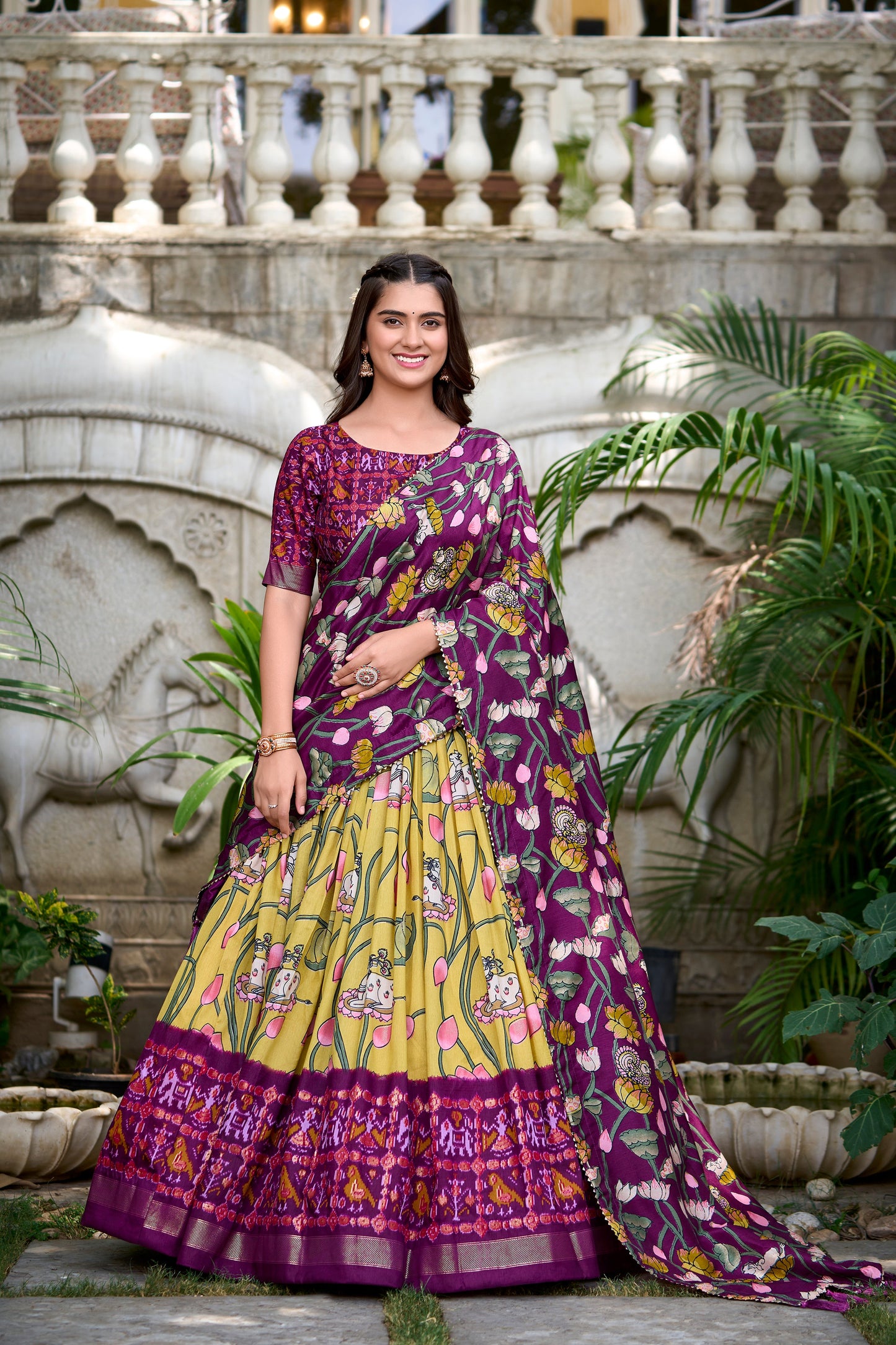 Lorenvalley Yellow Tussar Silk Pichwai With Patola Print And Zari Weaving Border Lehenga Choli with Dupatta - Swadesiicart