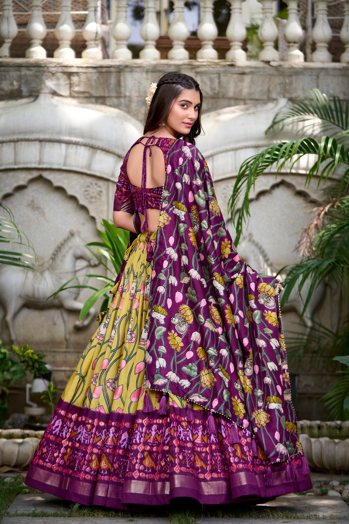 Lorenvalley Yellow Tussar Silk Pichwai With Patola Print And Zari Weaving Border Lehenga Choli with Dupatta - Swadesiicart