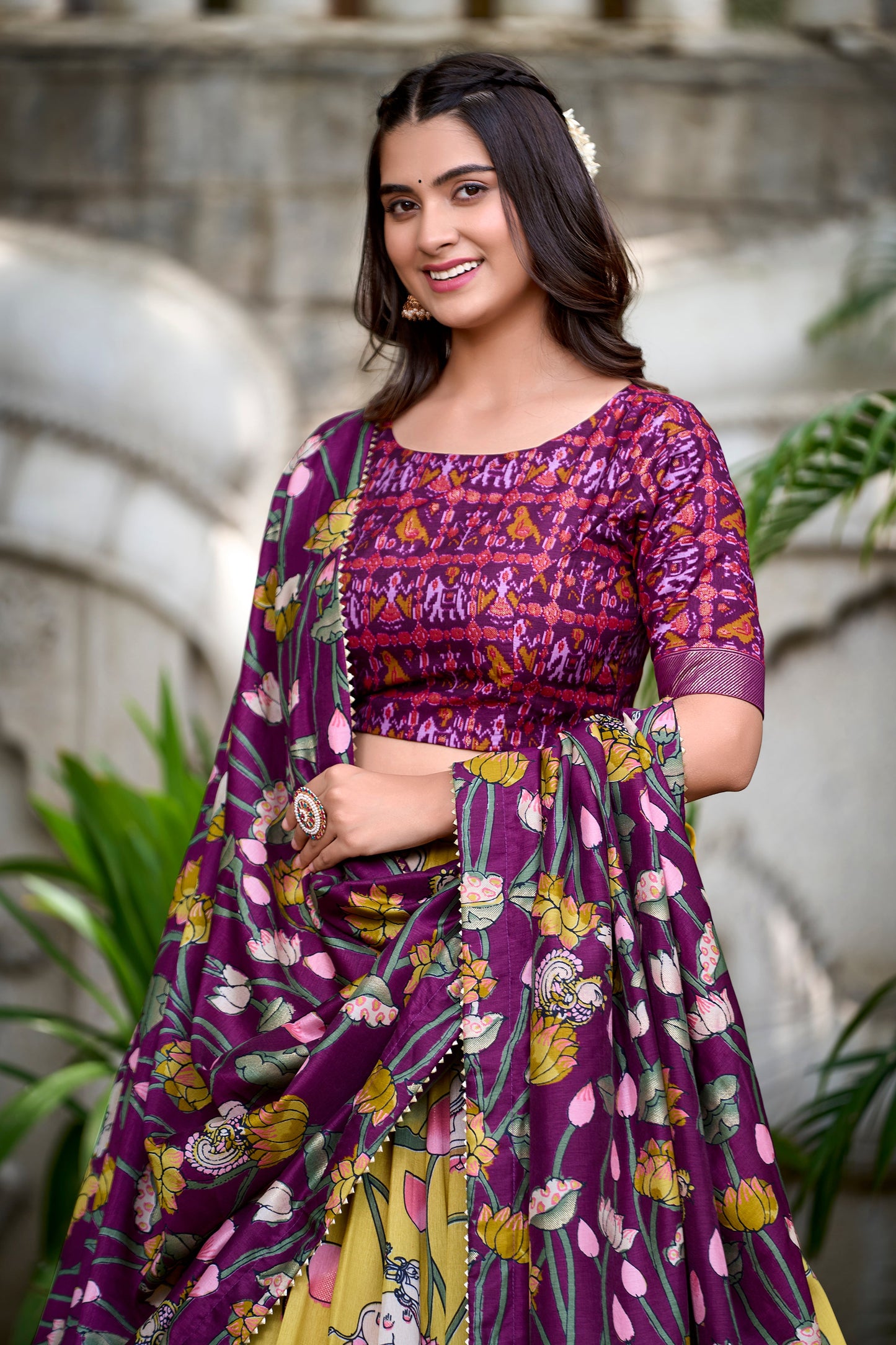 Lorenvalley Yellow Tussar Silk Pichwai With Patola Print And Zari Weaving Border Lehenga Choli with Dupatta - Swadesiicart