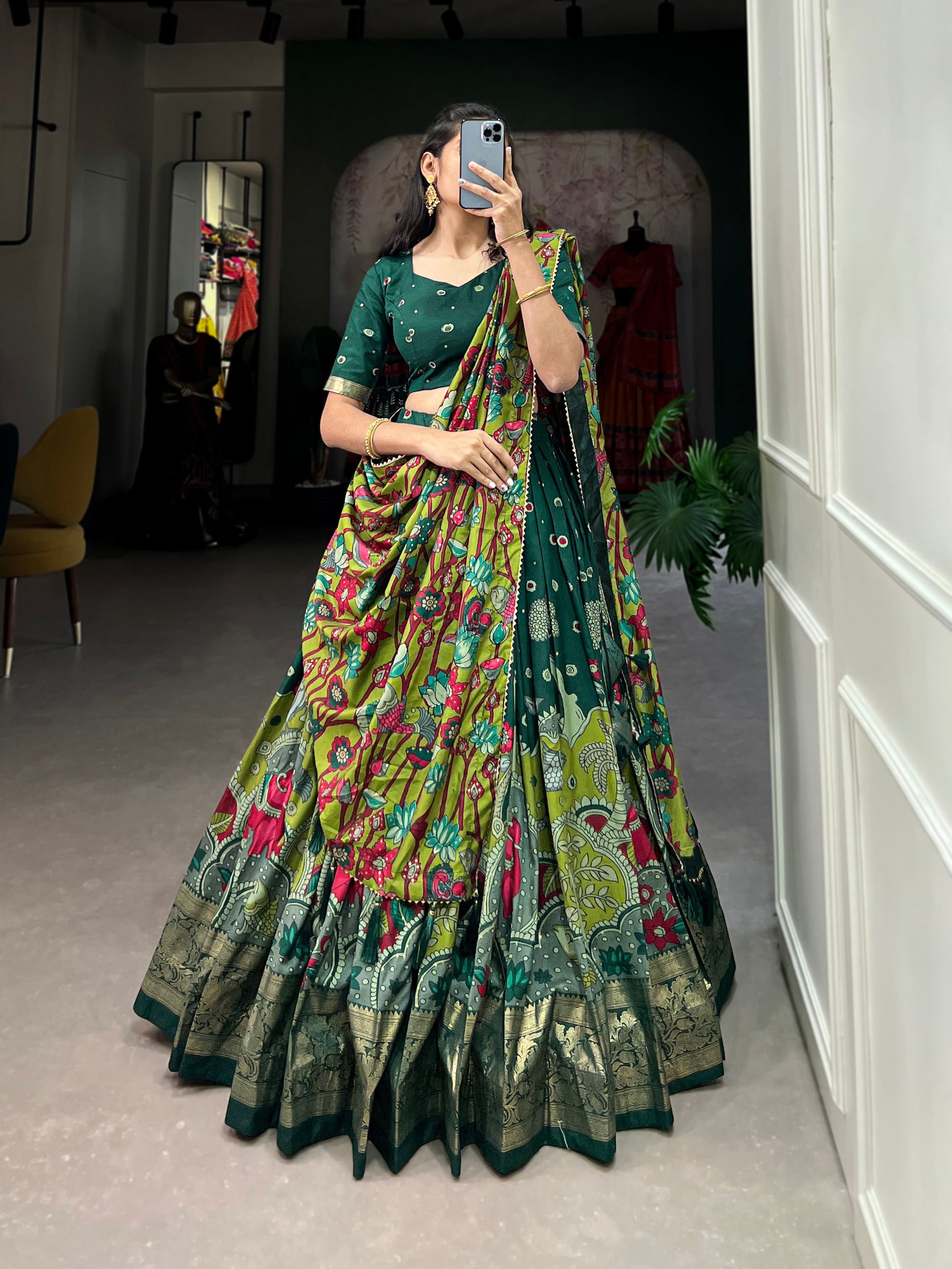Lorenvalley Green Tussar Silk Kalamkari Print with Foil Work Border Lehenga Choli with Dupatta | Swadesiicart