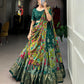 Lorenvalley Green Tussar Silk Kalamkari Print with Foil Work Border Lehenga Choli with Dupatta | Swadesiicart
