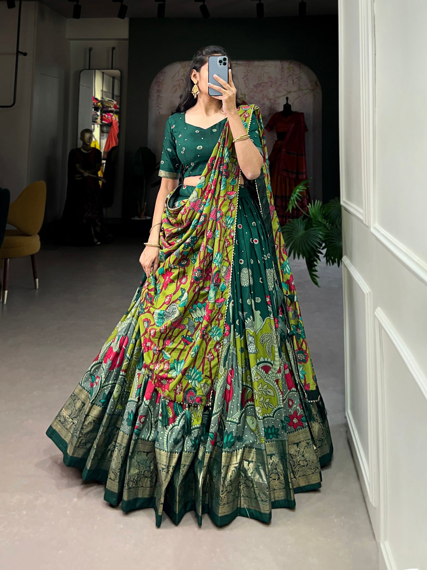 Lorenvalley Green Tussar Silk Kalamkari Print with Foil Work Border Lehenga Choli with Dupatta | Swadesiicart