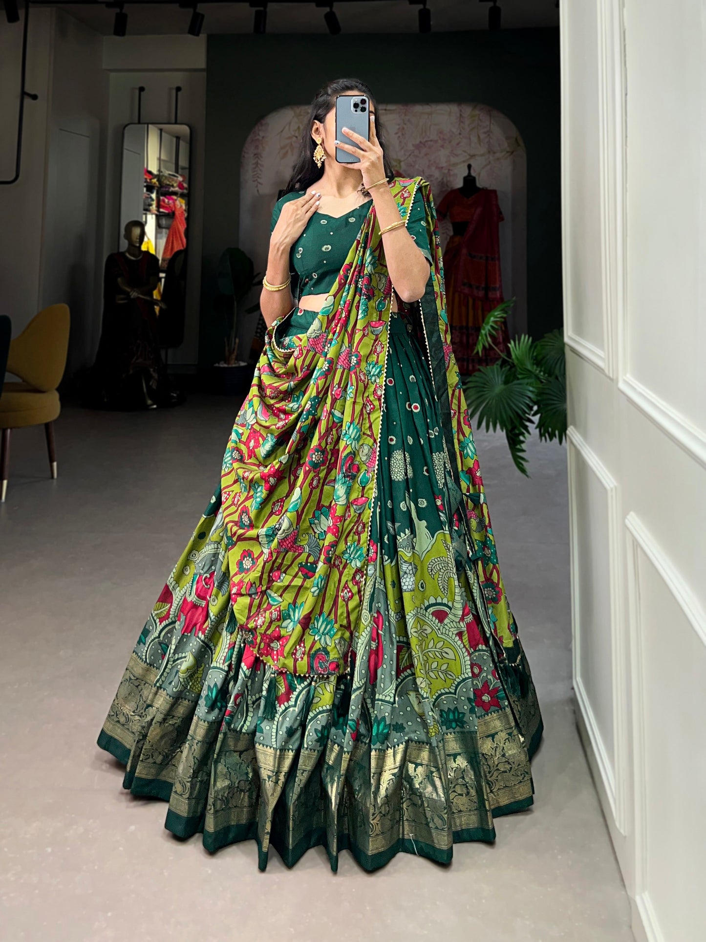 Lorenvalley Green Tussar Silk Kalamkari Print with Foil Work Border Lehenga Choli with Dupatta | Swadesiicart
