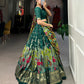 Lorenvalley Green Tussar Silk Kalamkari Print with Foil Work Border Lehenga Choli with Dupatta | Swadesiicart